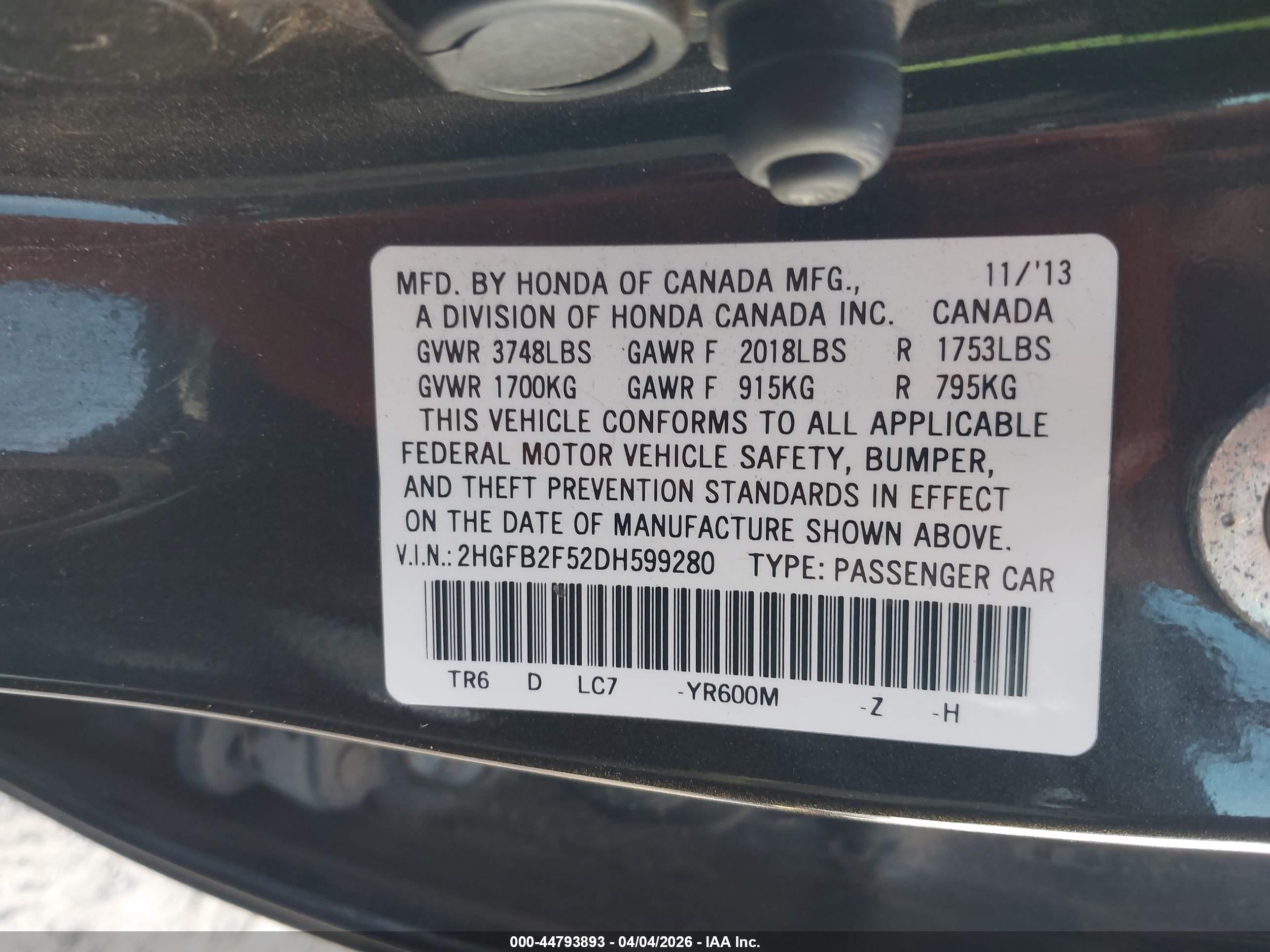 2013 Honda Civic Lx Черный vin: 2HGFB2F52DH599280