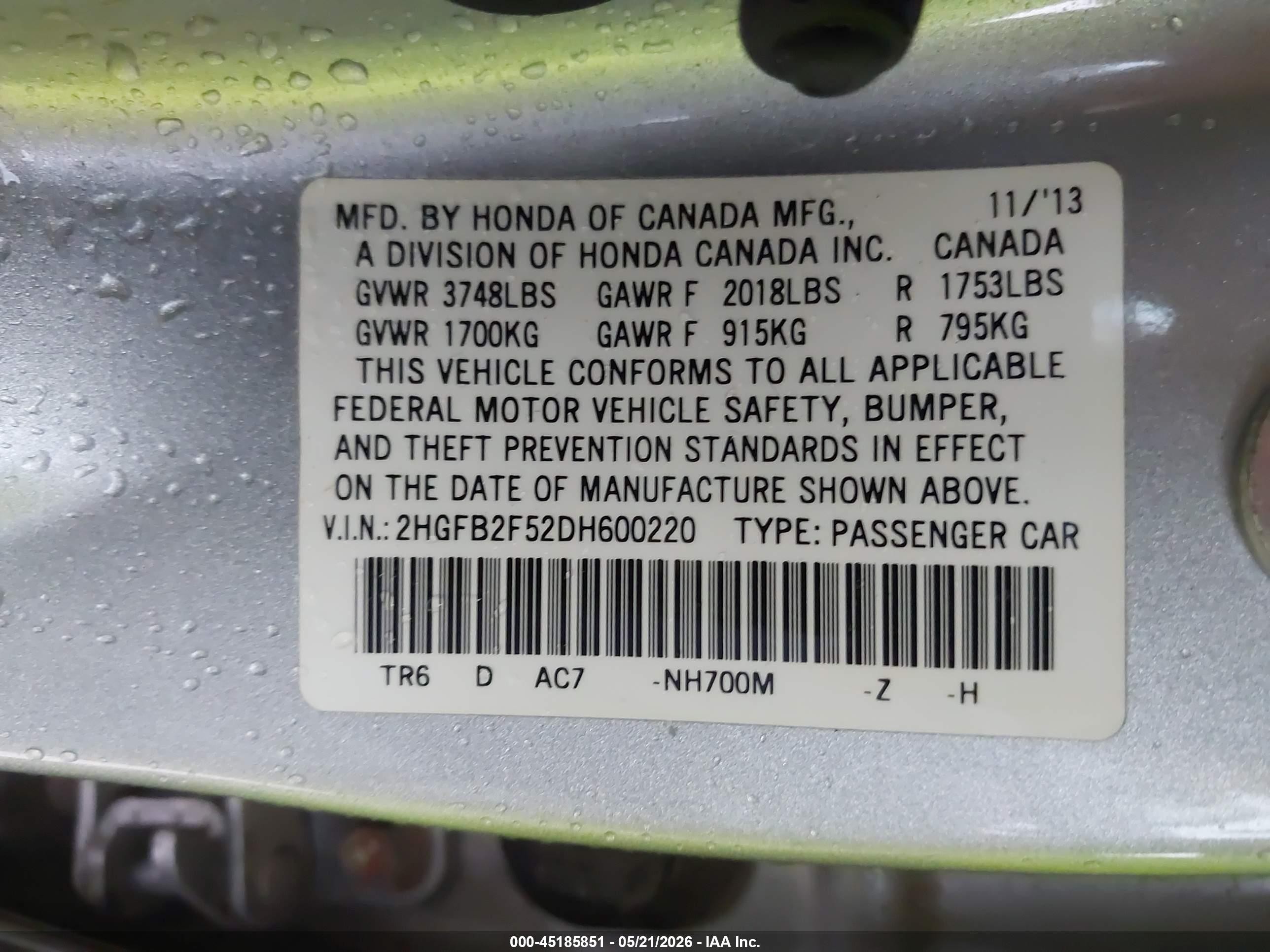 2013 Honda Civic Lx Silver vin: 2HGFB2F52DH600220