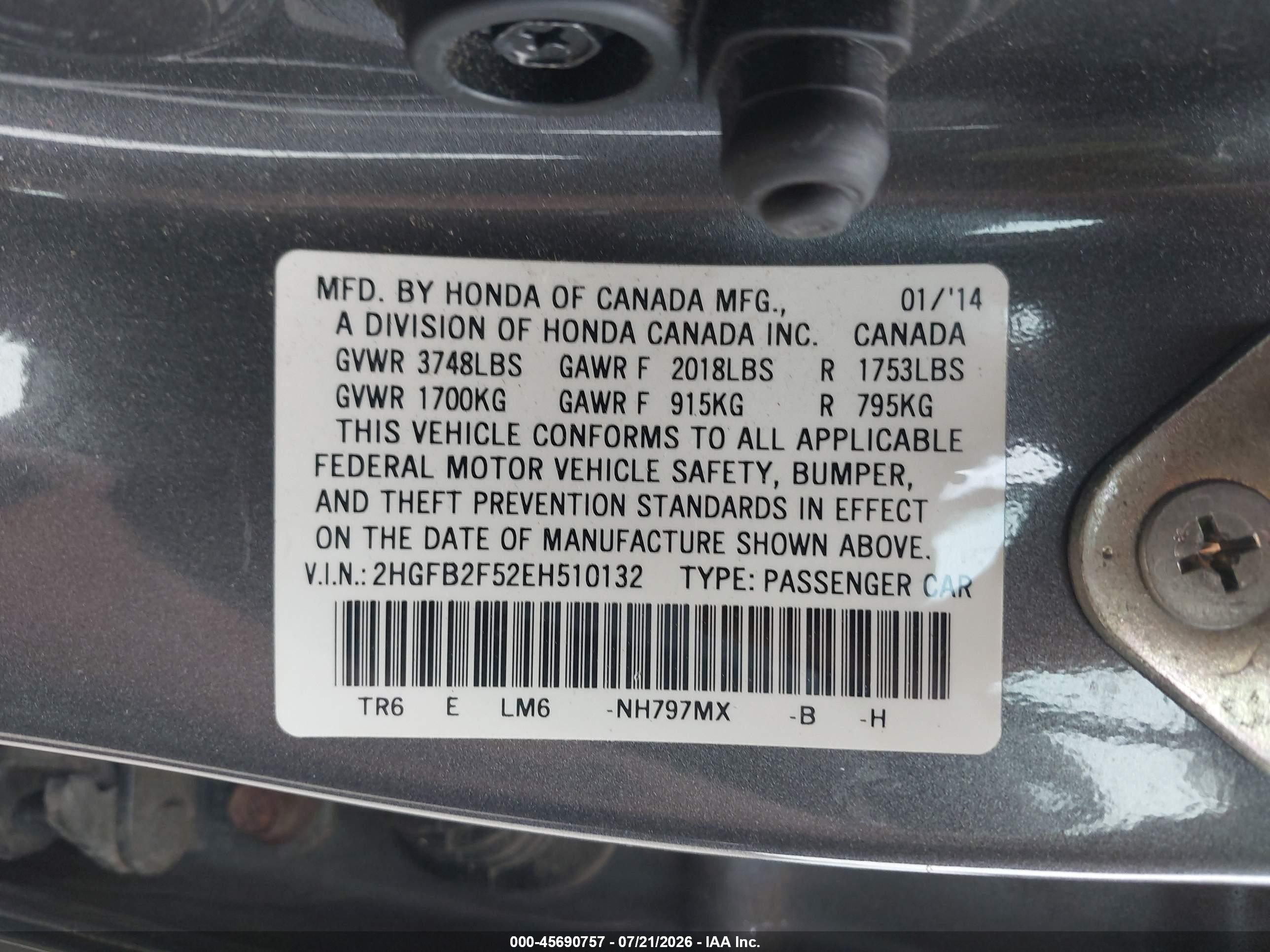 2014 Honda Civic Lx Gray vin: 2HGFB2F52EH510132