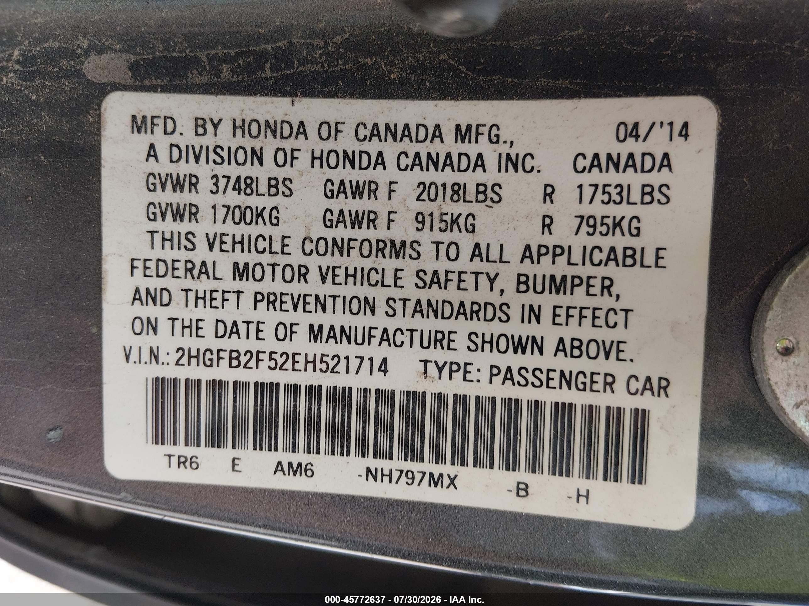 2014 Honda Civic Lx Gray vin: 2HGFB2F52EH521714