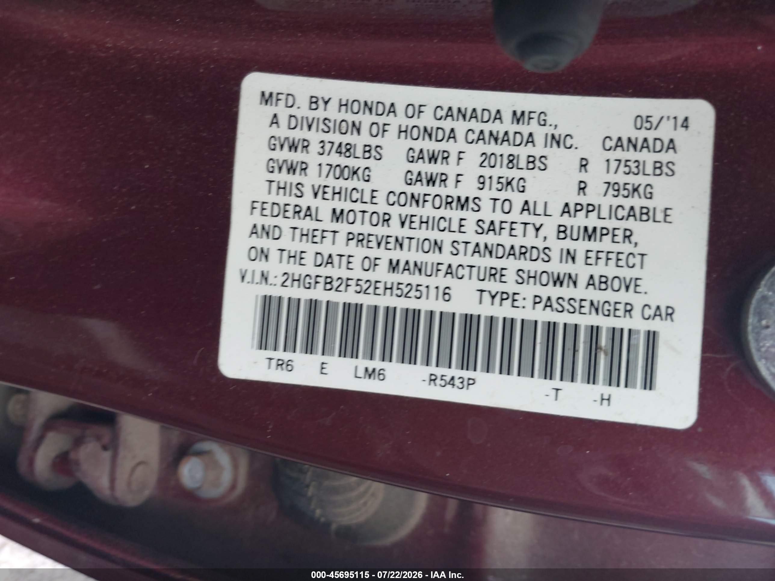 2014 Honda Civic Lx Burgundy vin: 2HGFB2F52EH525116