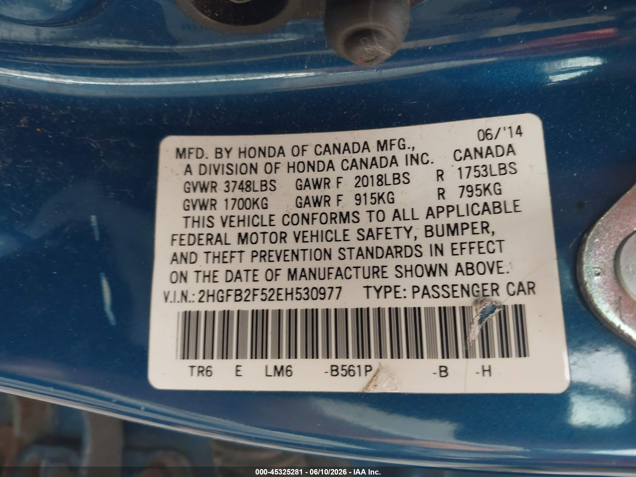 2014 Honda Civic Lx Blue vin: 2HGFB2F52EH530977