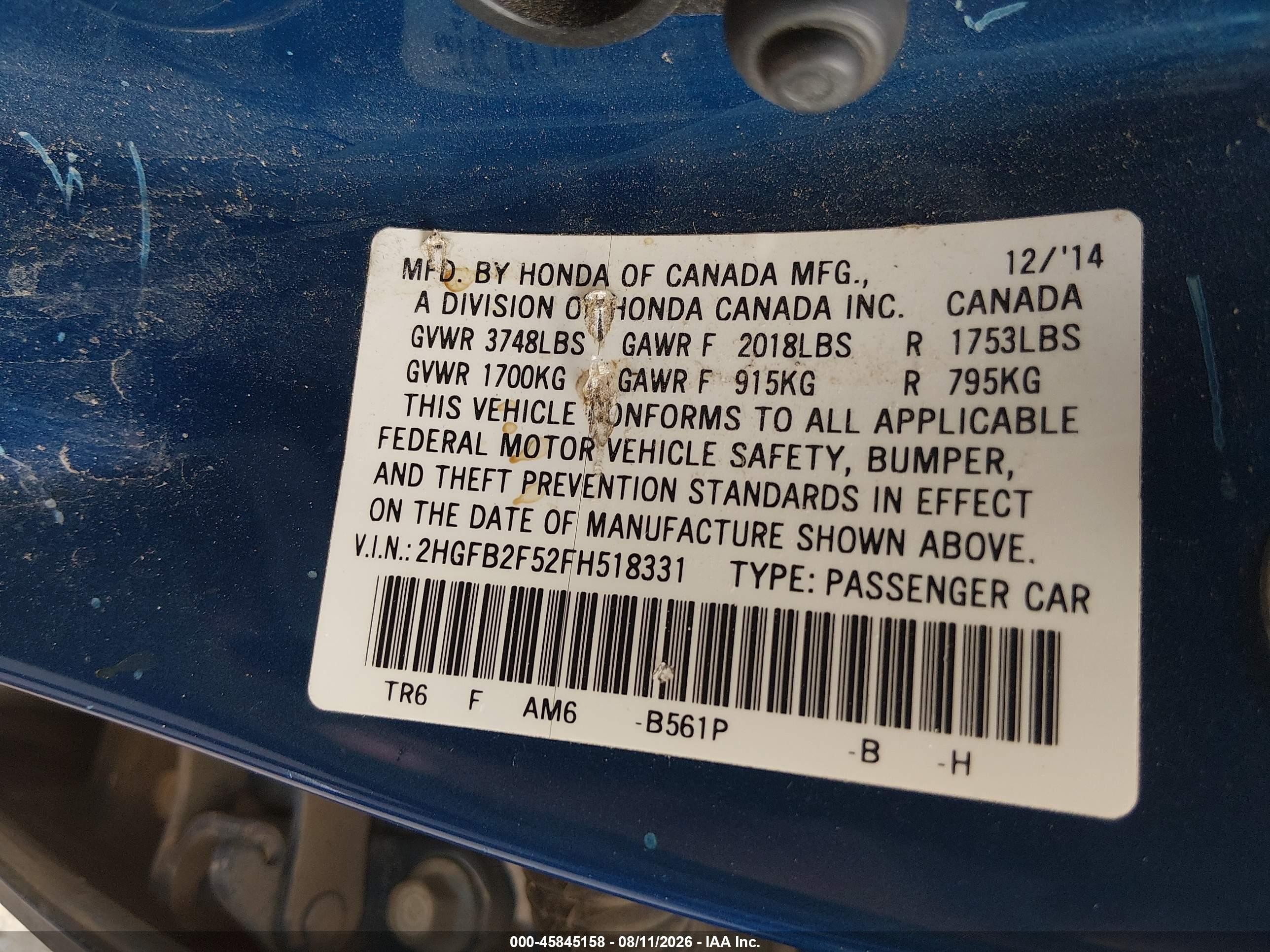 2015 Honda Civic Lx Blue vin: 2HGFB2F52FH518331