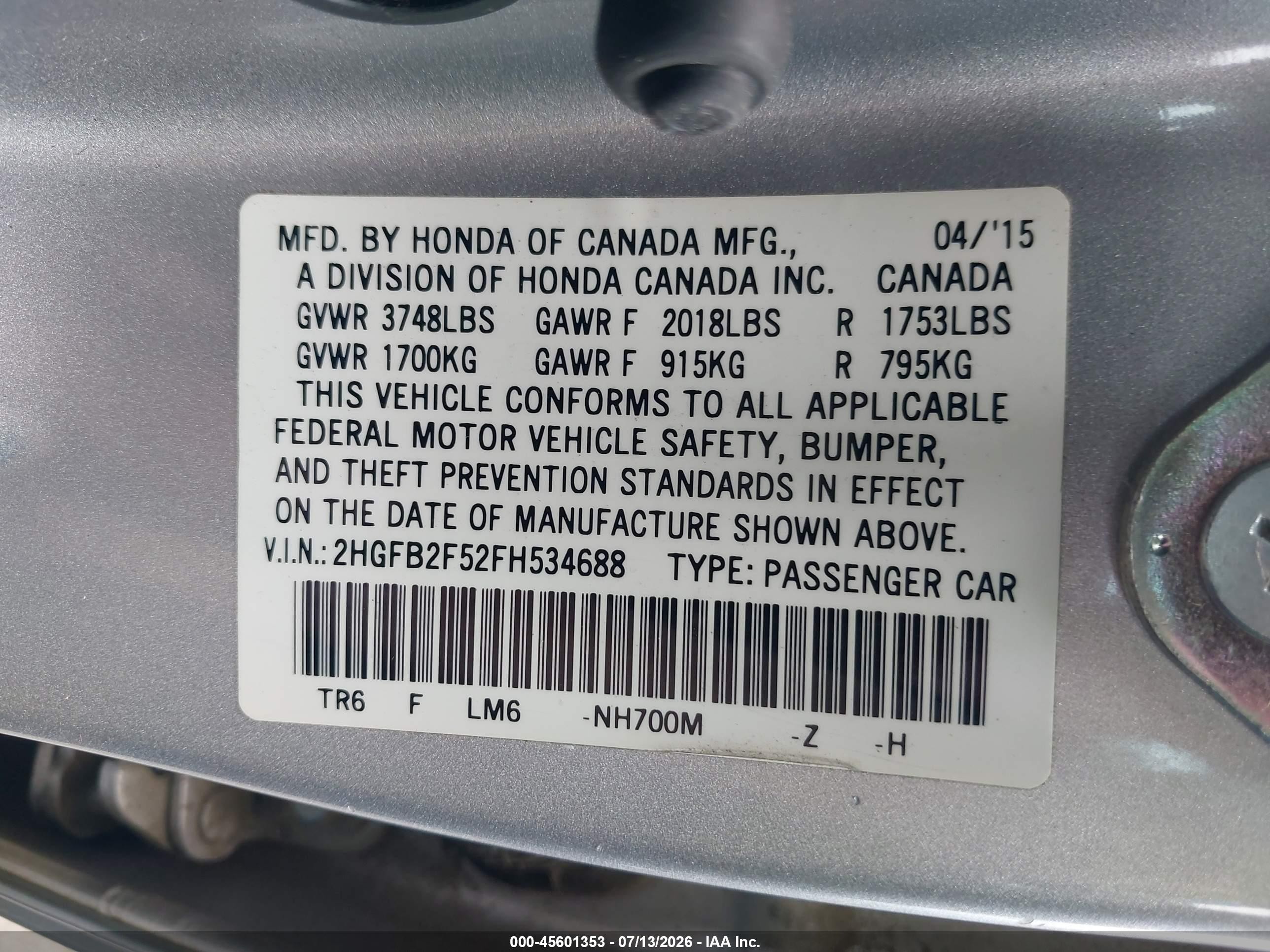 2015 Honda Civic Lx Silver vin: 2HGFB2F52FH534688