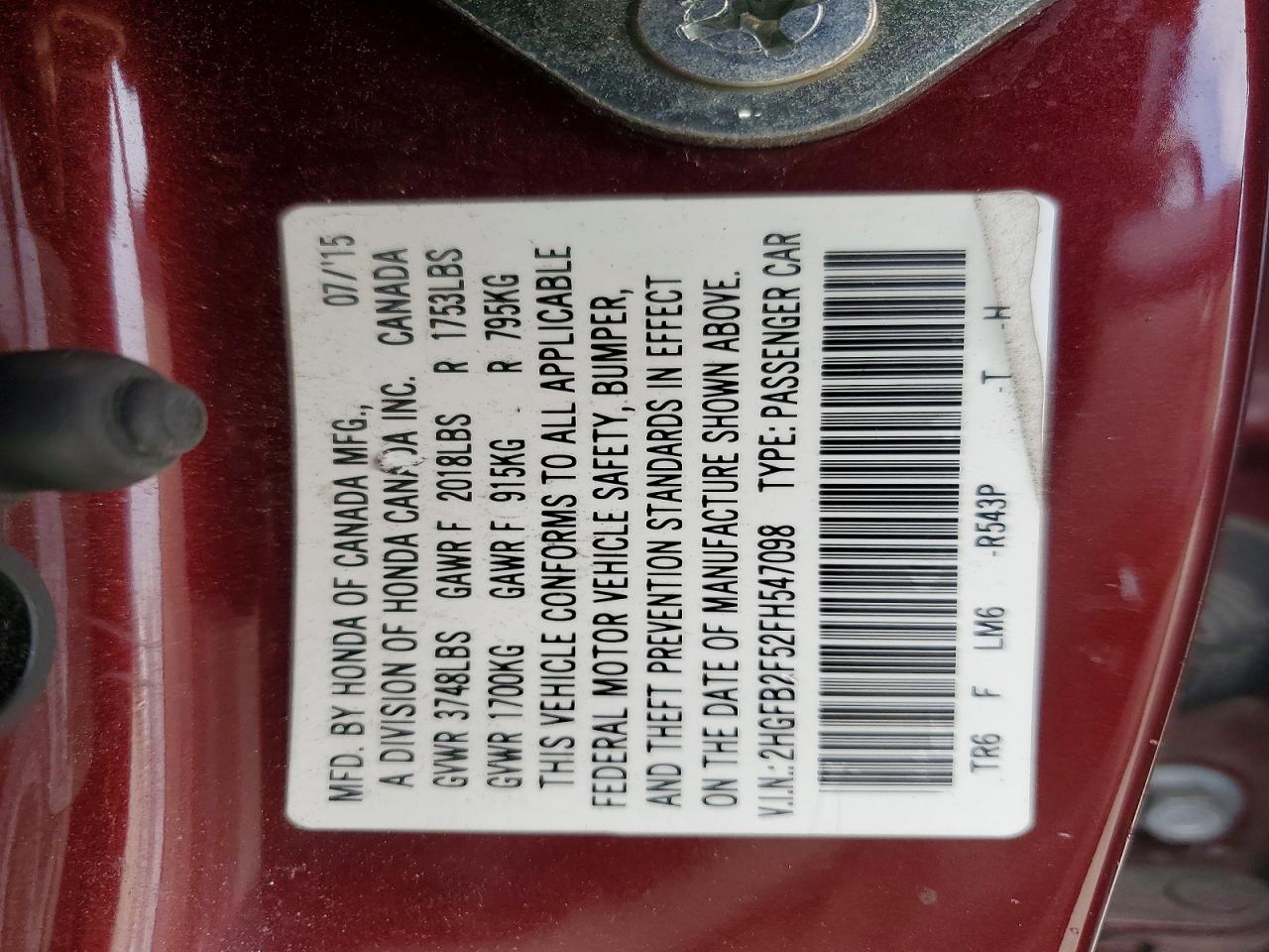 2015 Honda Civic Lx Burgundy vin: 2HGFB2F52FH547098