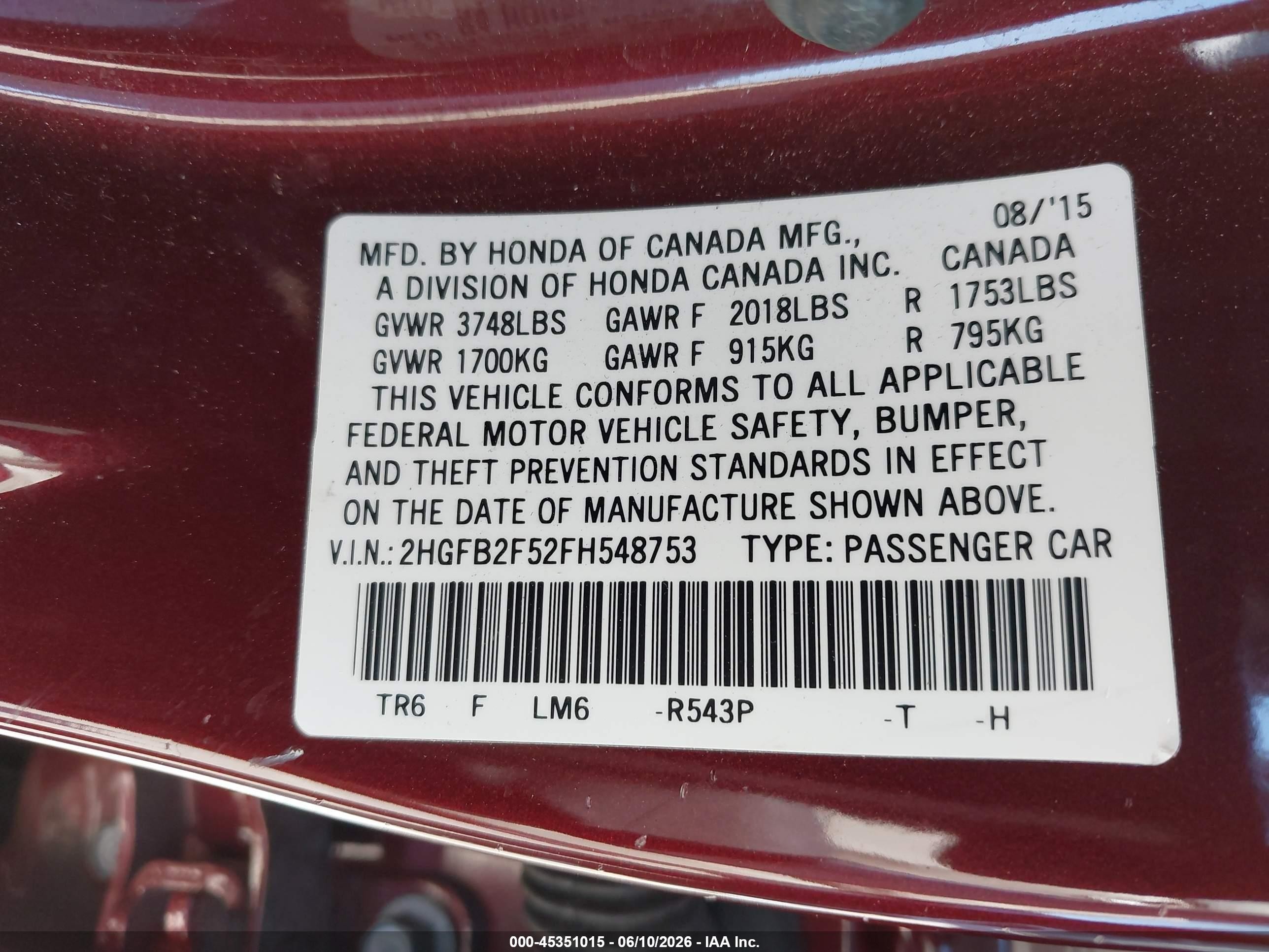 2015 Honda Civic Lx Red vin: 2HGFB2F52FH548753