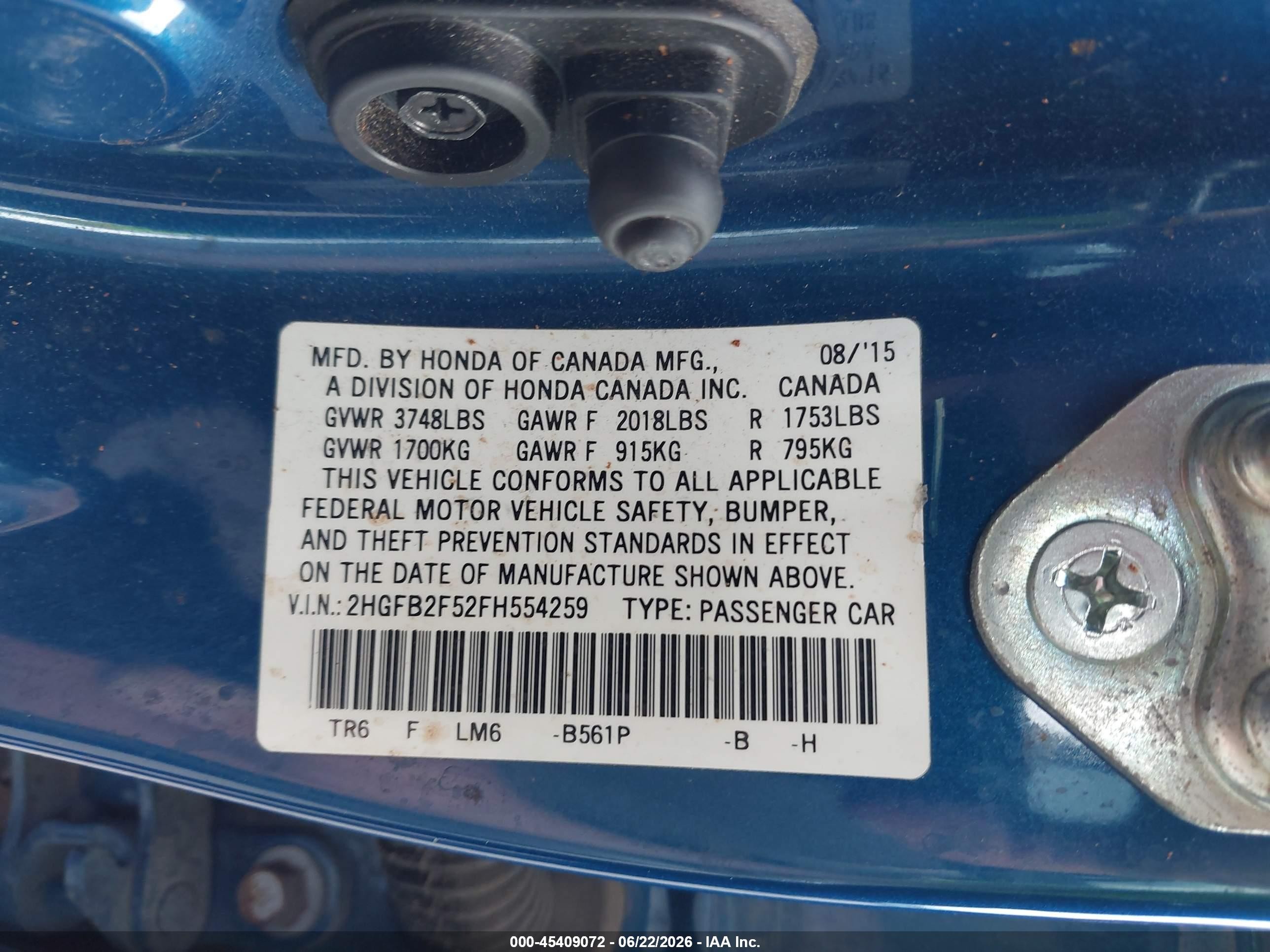 2015 Honda Civic Lx Blue vin: 2HGFB2F52FH554259
