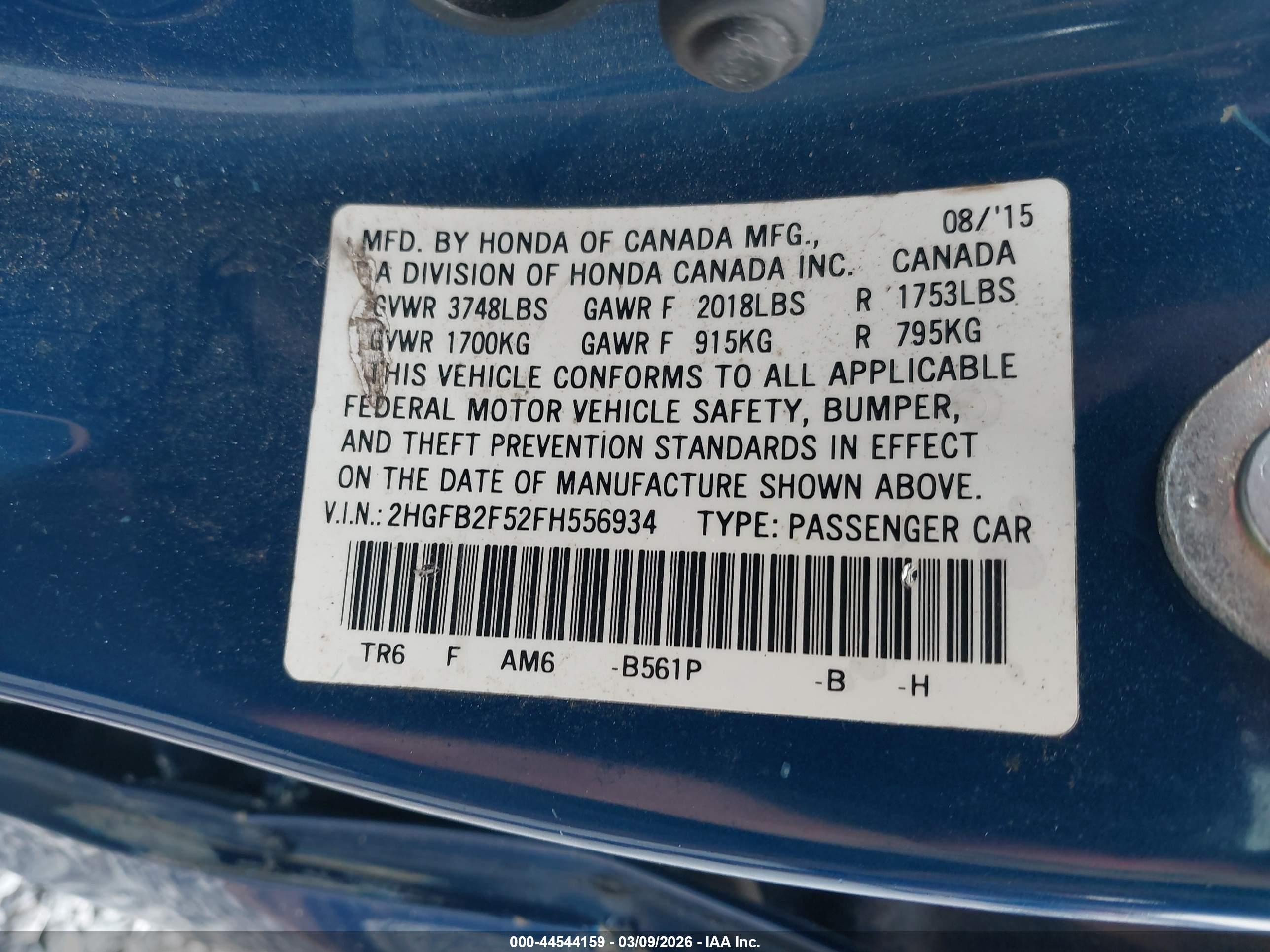 2015 Honda Civic Lx Blue vin: 2HGFB2F52FH556934