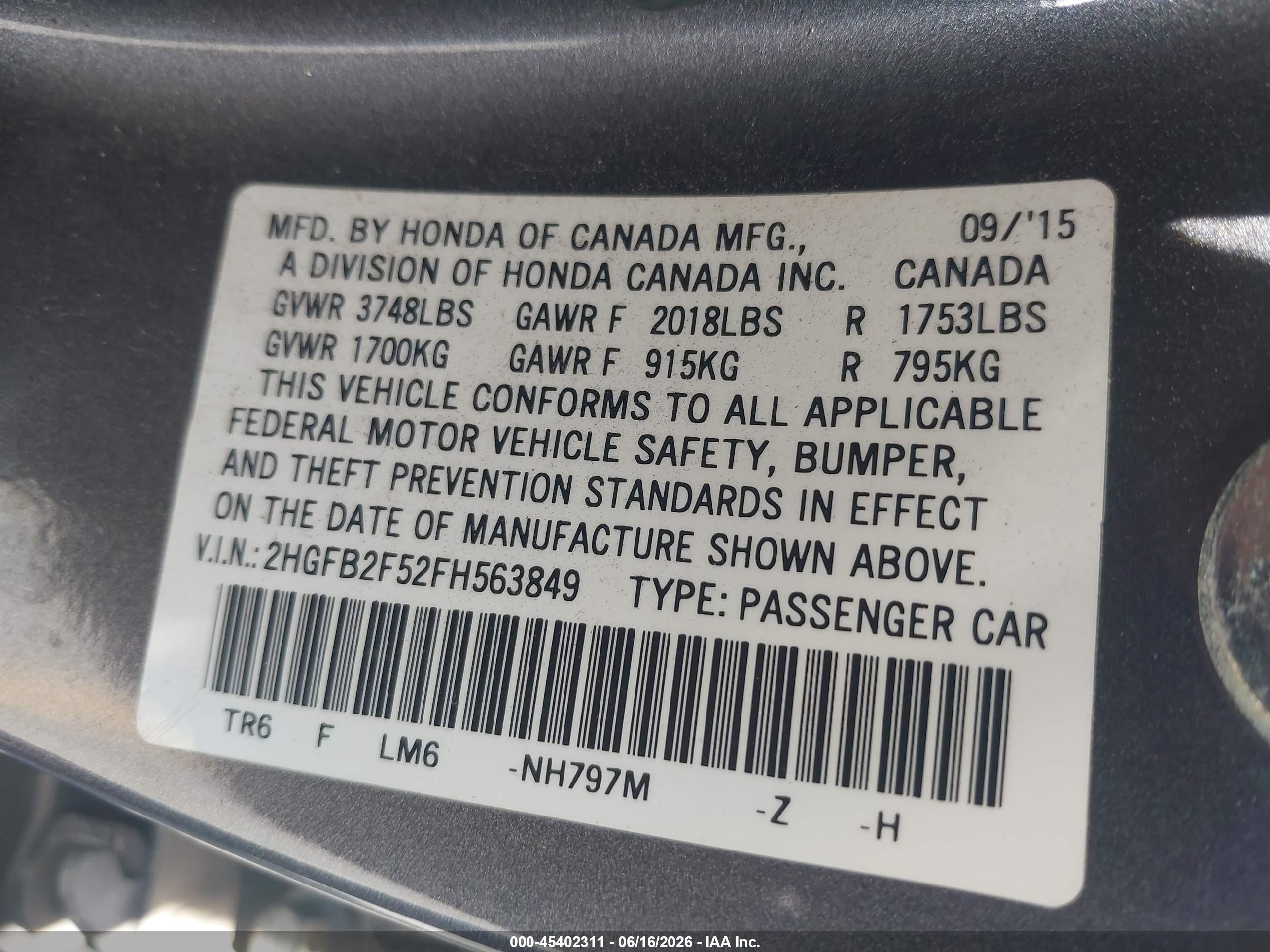 2015 Honda Civic Lx Gray vin: 2HGFB2F52FH563849