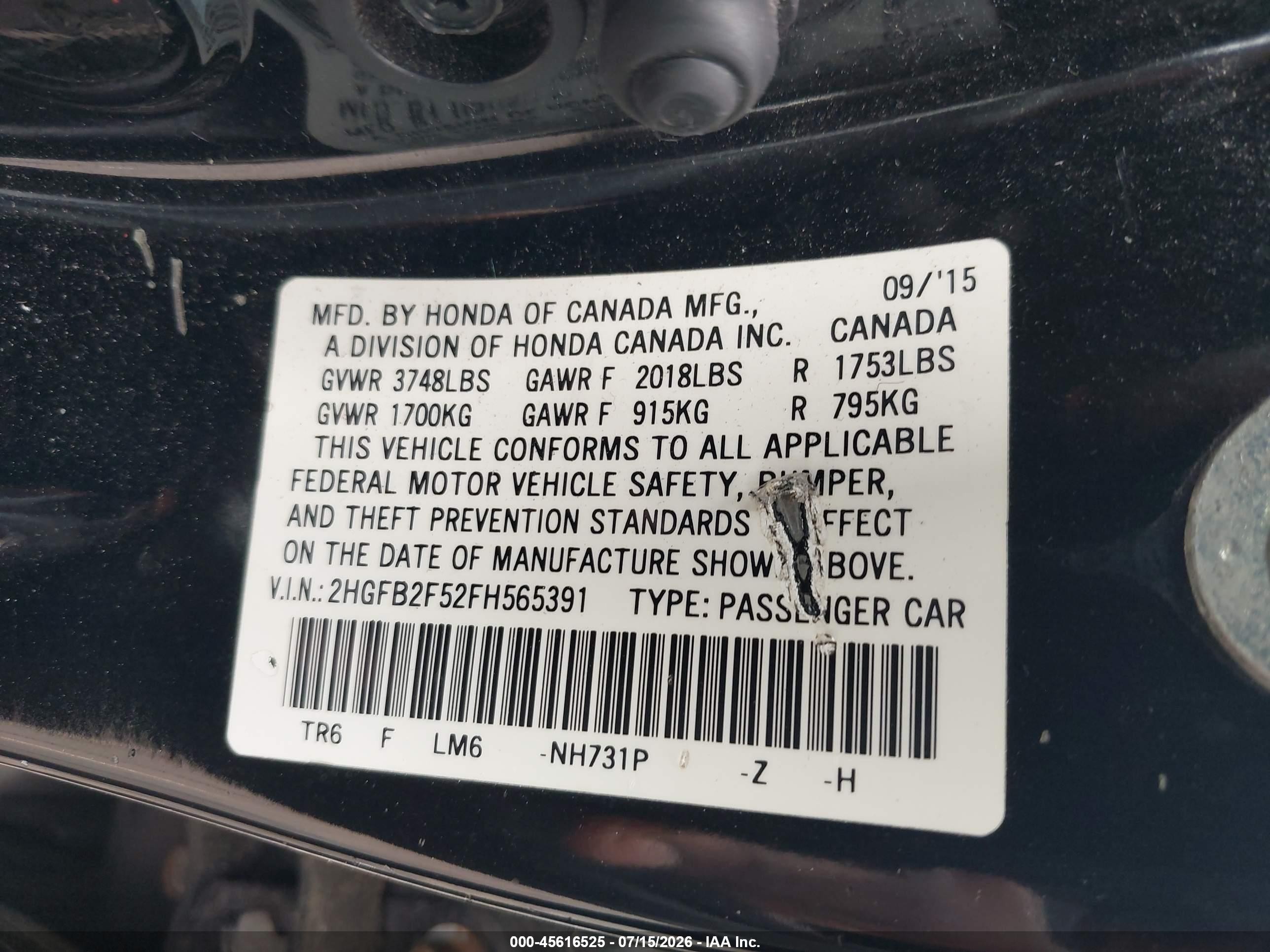 2015 Honda Civic Lx Black vin: 2HGFB2F52FH565391