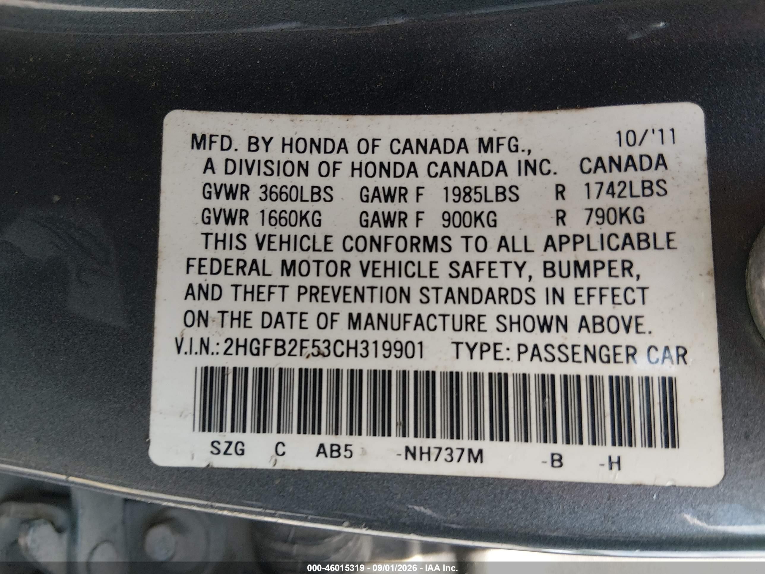 2012 Honda Civic Lx Gray vin: 2HGFB2F53CH319901