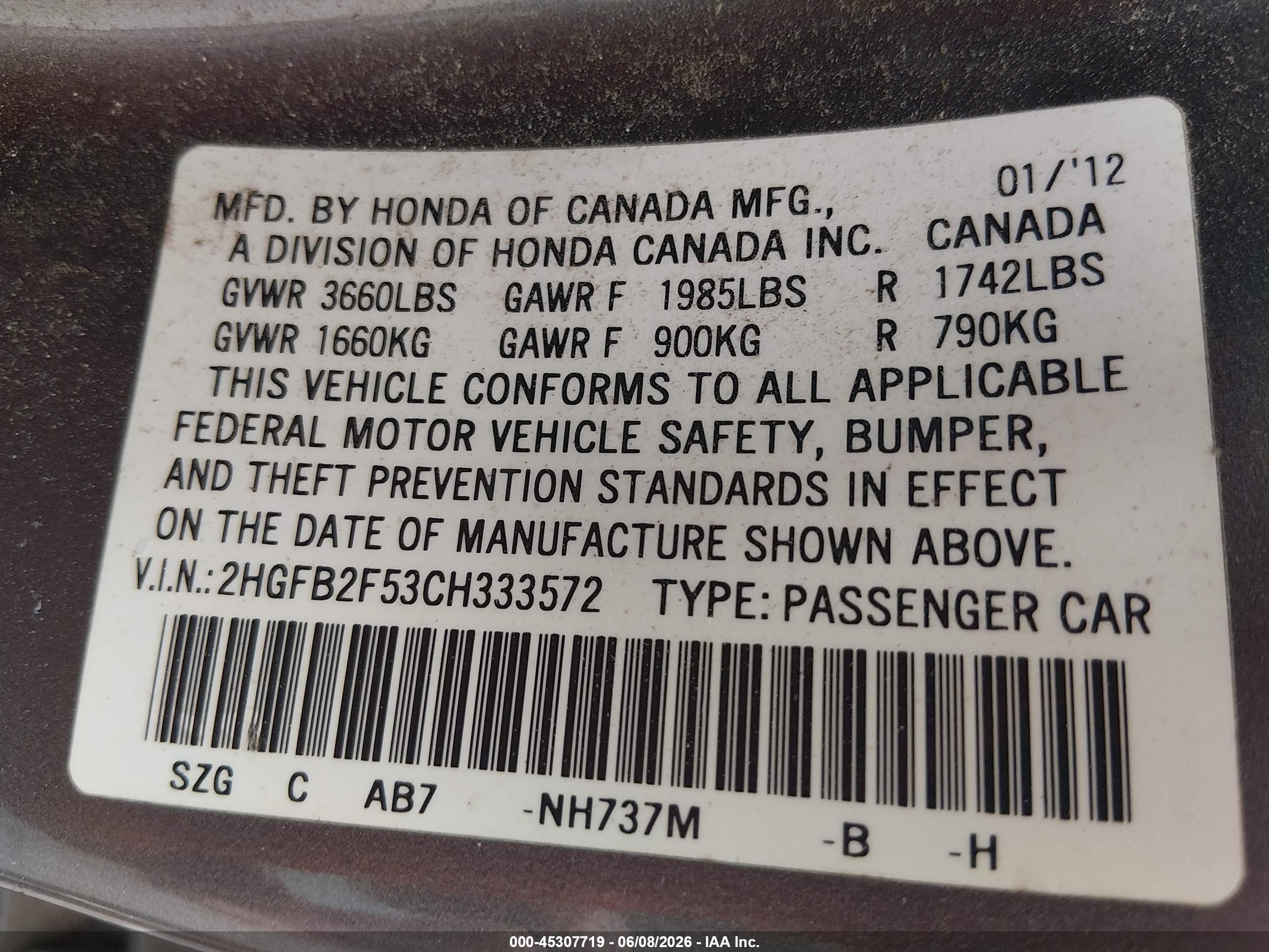 2012 Honda Civic Lx Gray vin: 2HGFB2F53CH333572