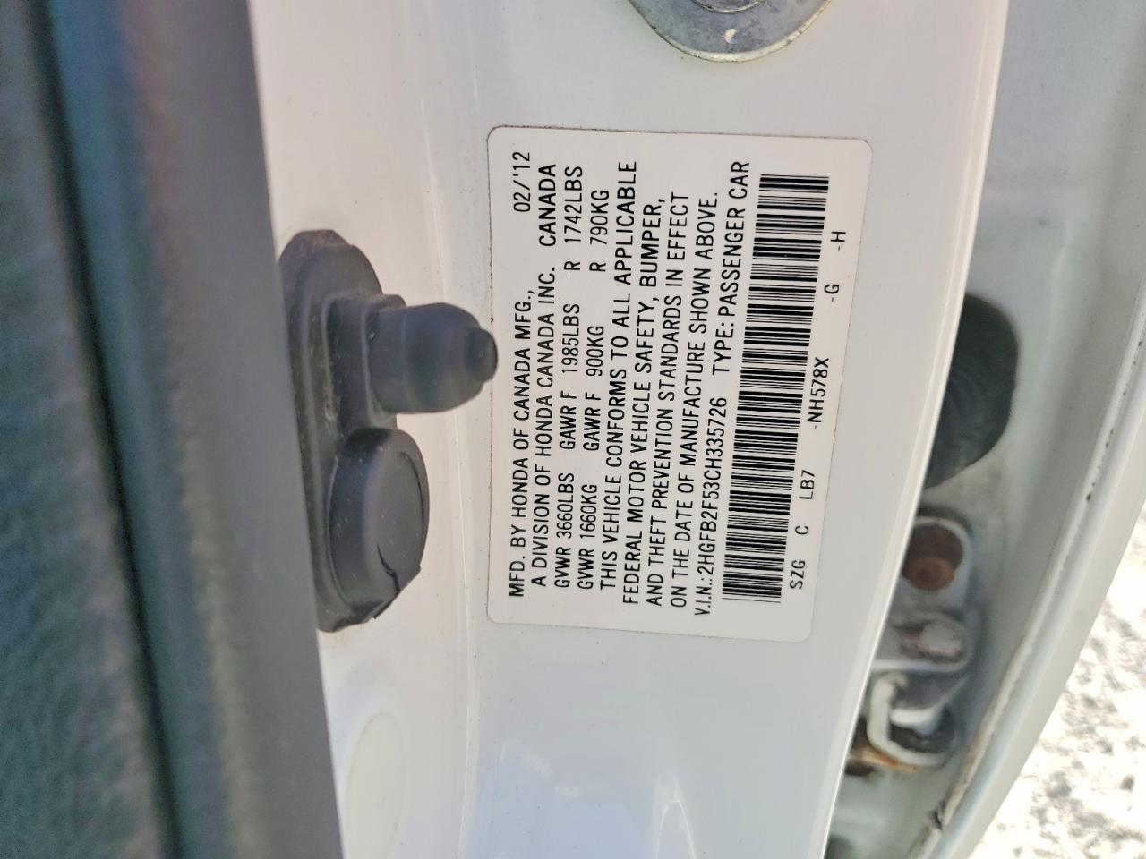 2012 Honda Civic Lx White vin: 2HGFB2F53CH335726