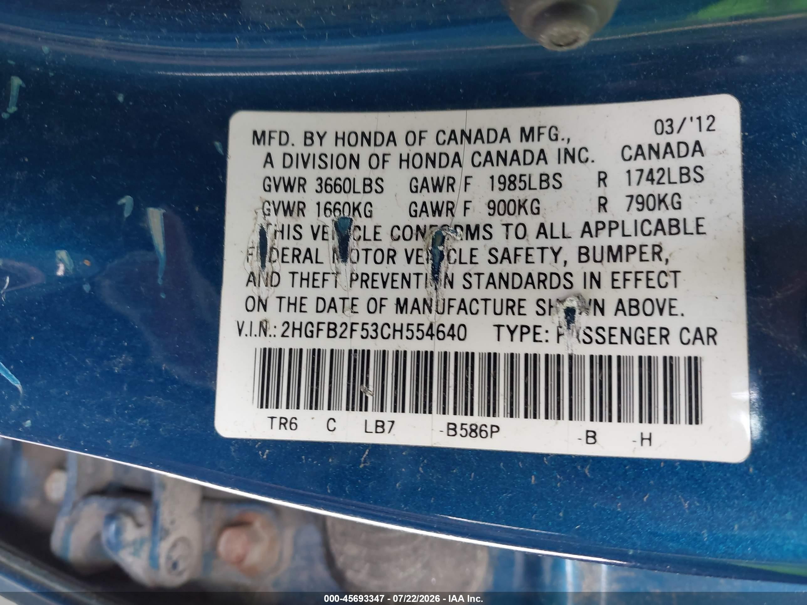 2012 Honda Civic Lx Blue vin: 2HGFB2F53CH554640