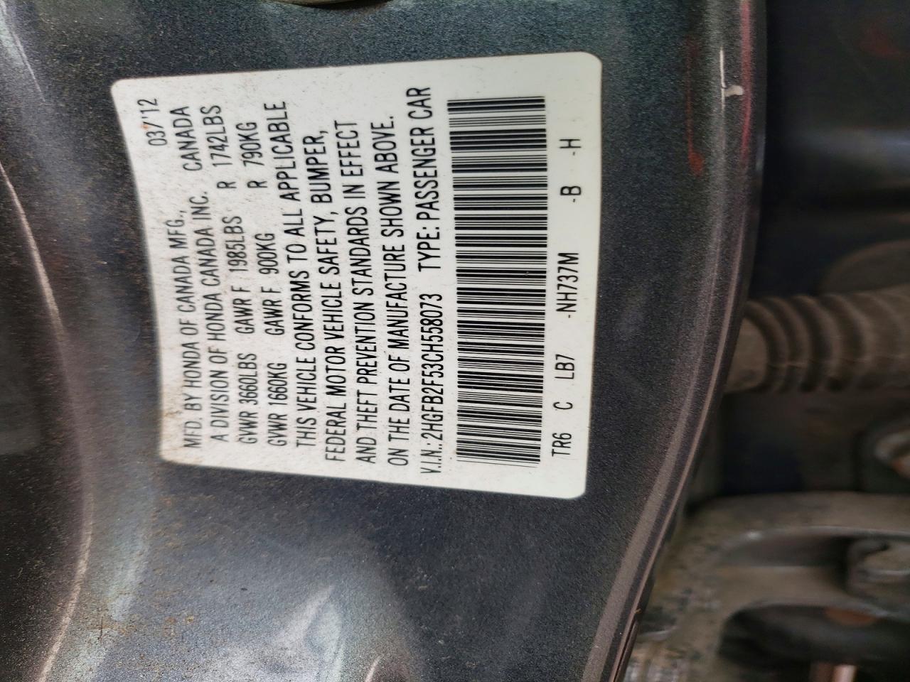 2012 Honda Civic Lx Gray vin: 2HGFB2F53CH558073
