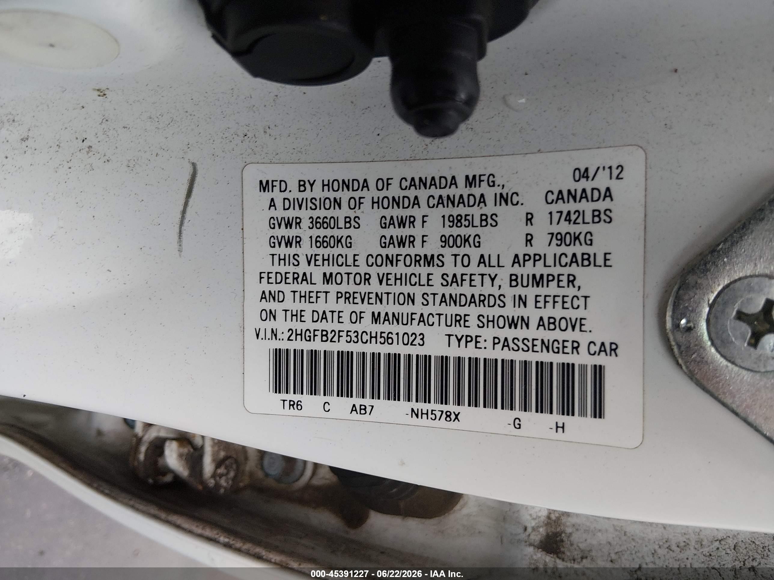 2012 Honda Civic Lx White vin: 2HGFB2F53CH561023