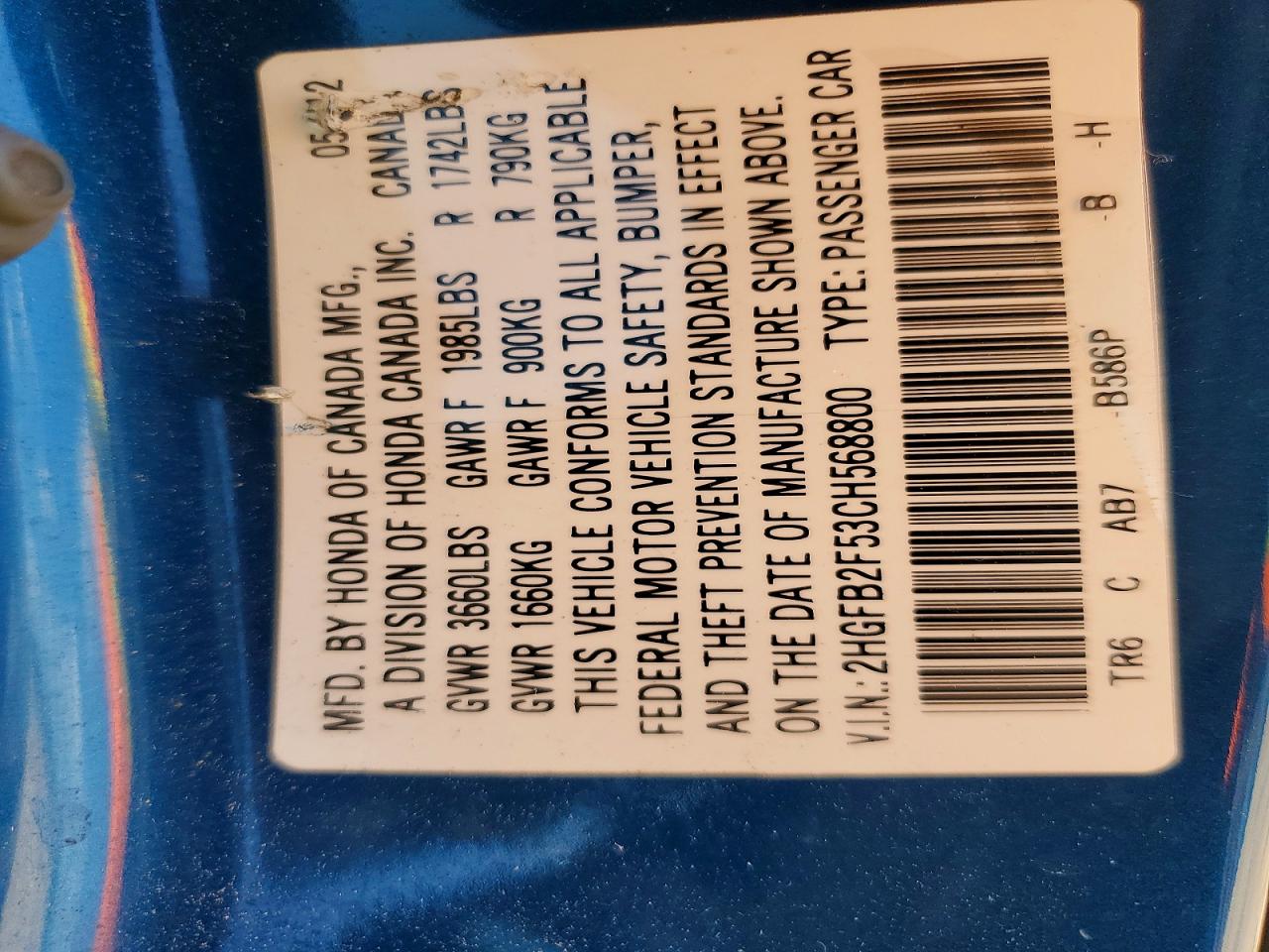 2012 Honda Civic Lx Blue vin: 2HGFB2F53CH568800