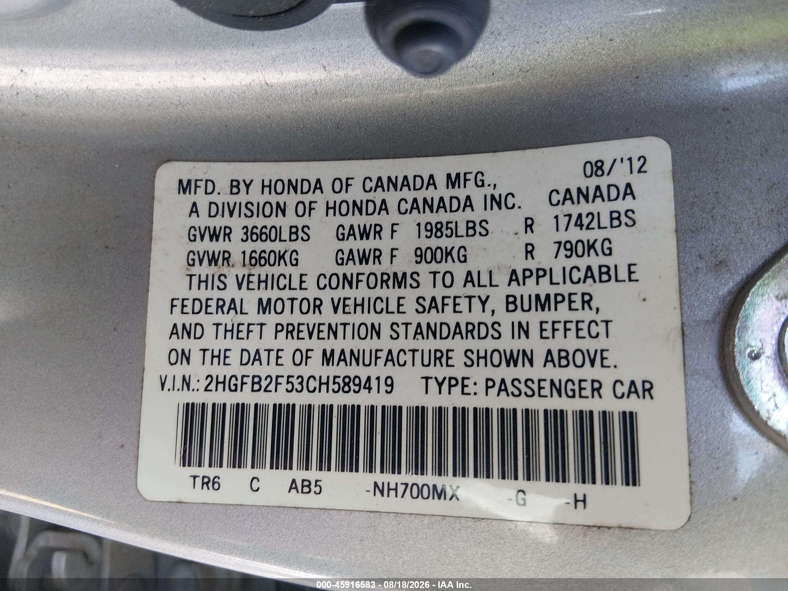 2012 Honda Civic Lx Silver vin: 2HGFB2F53CH589419
