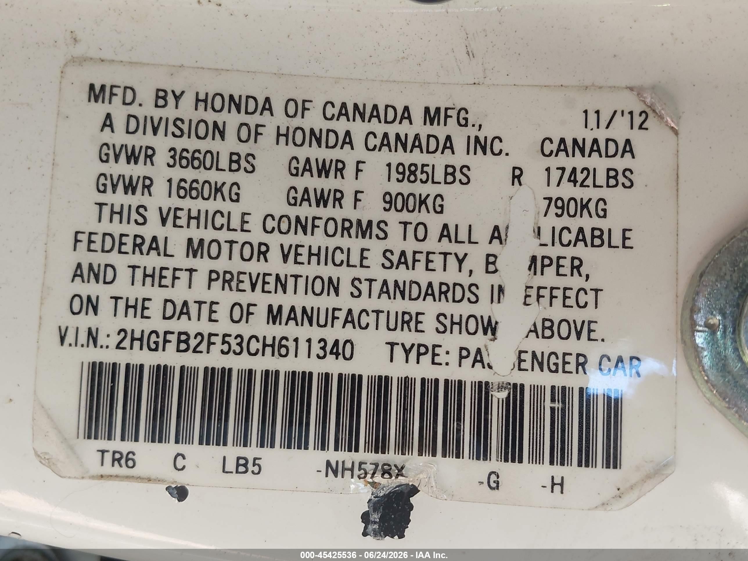 2012 Honda Civic Lx White vin: 2HGFB2F53CH611340