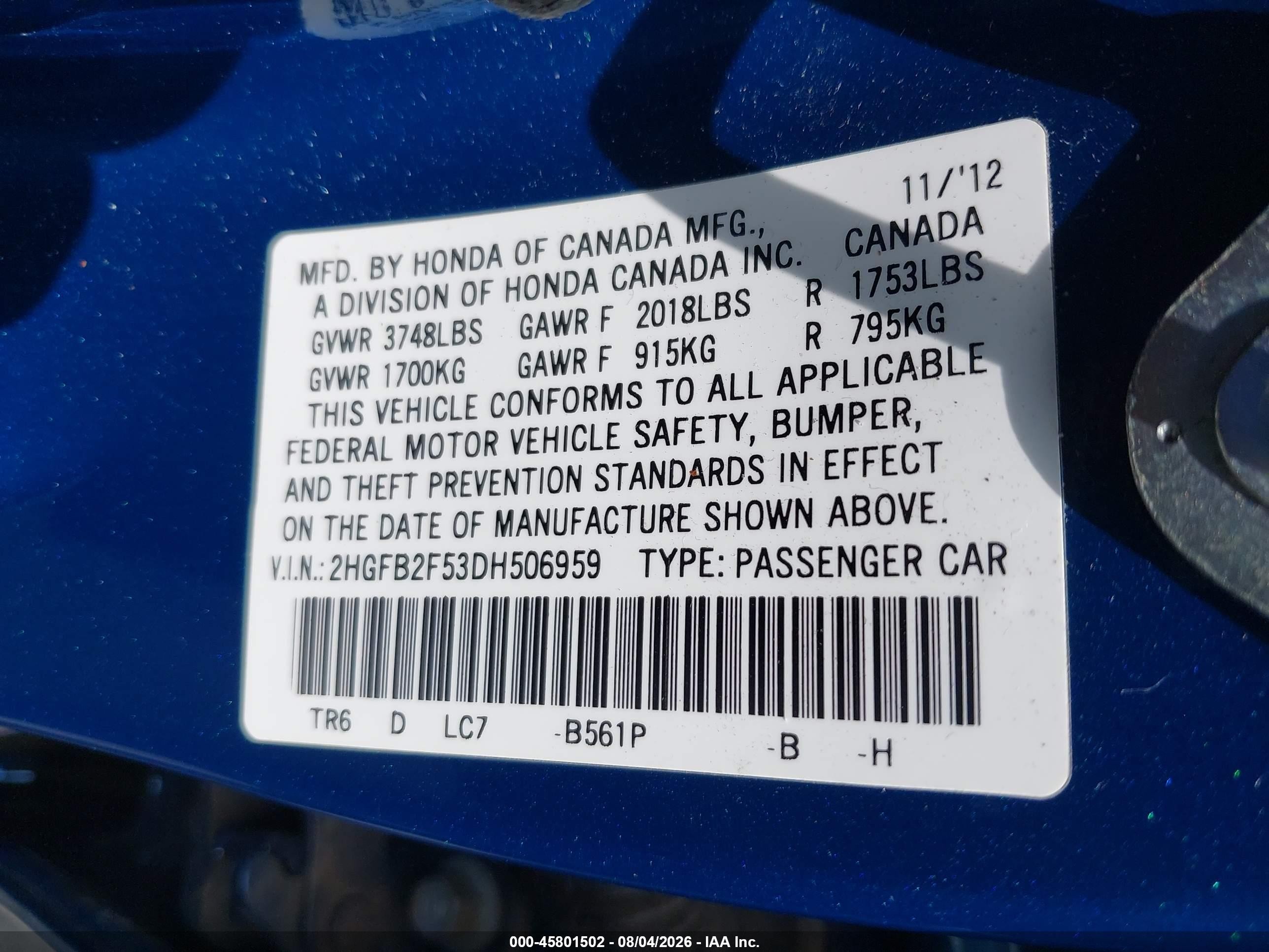 2013 Honda Civic Lx Blue vin: 2HGFB2F53DH506959