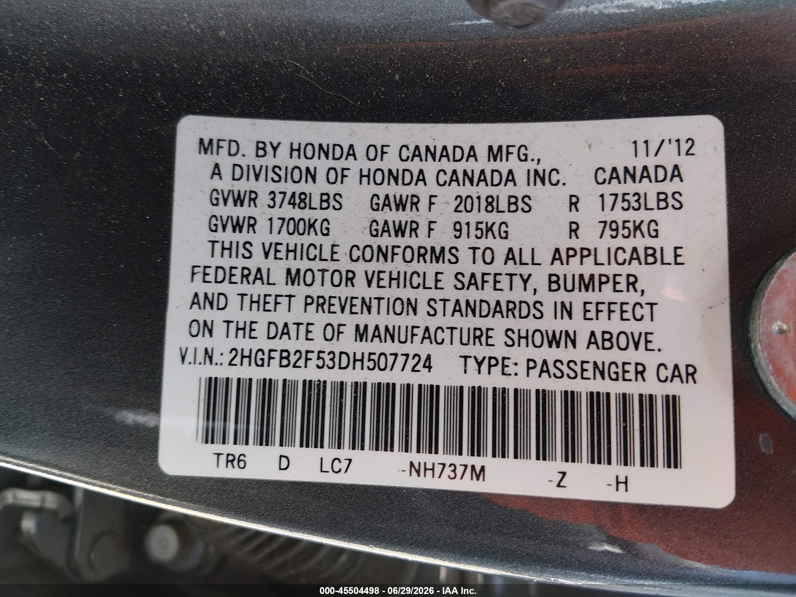 2013 Honda Civic Lx Gray vin: 2HGFB2F53DH507724