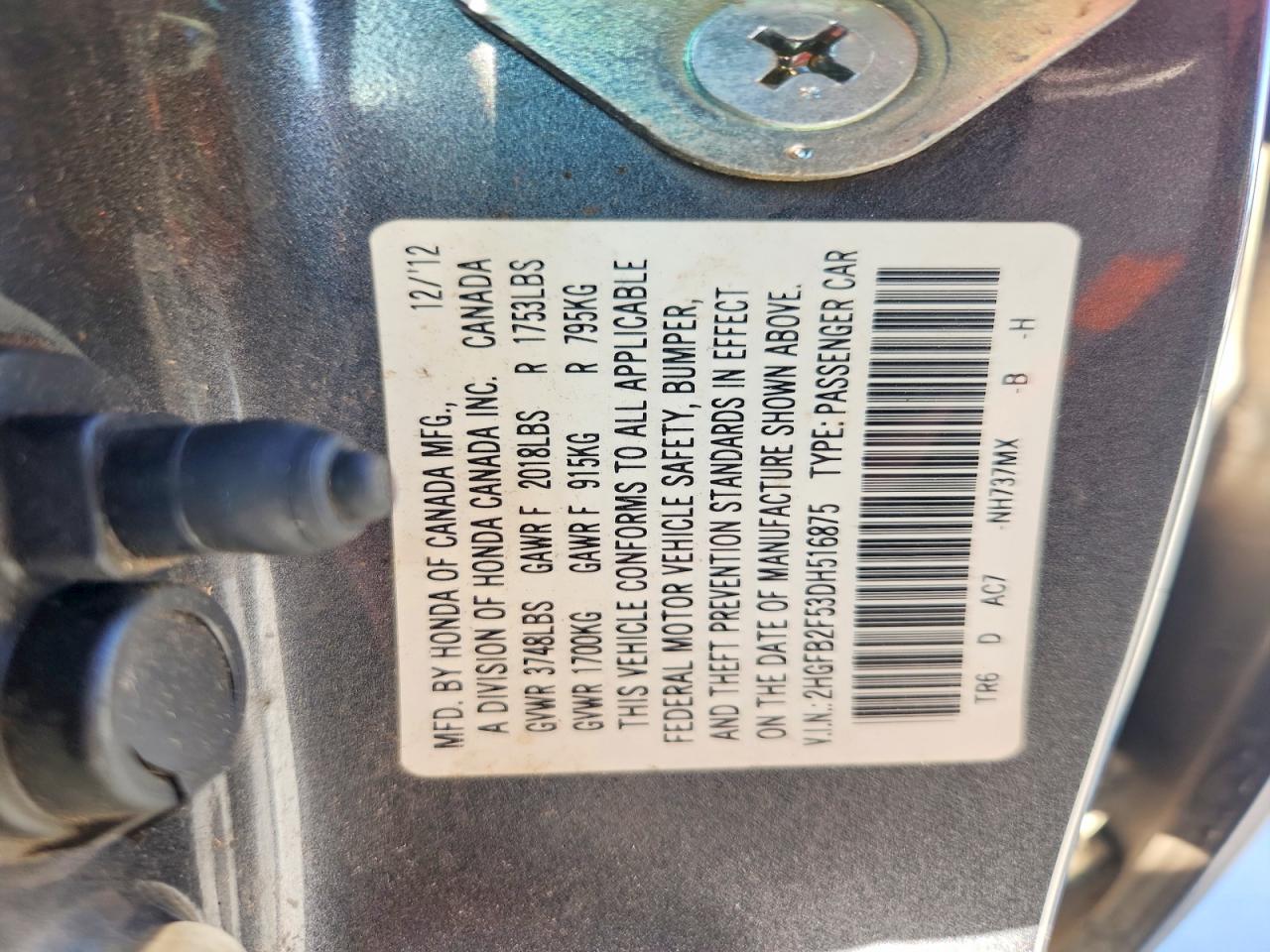 2013 Honda Civic Lx Gray vin: 2HGFB2F53DH516875
