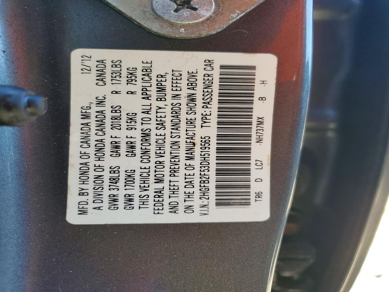 2013 Honda Civic Lx Gray vin: 2HGFB2F53DH519565