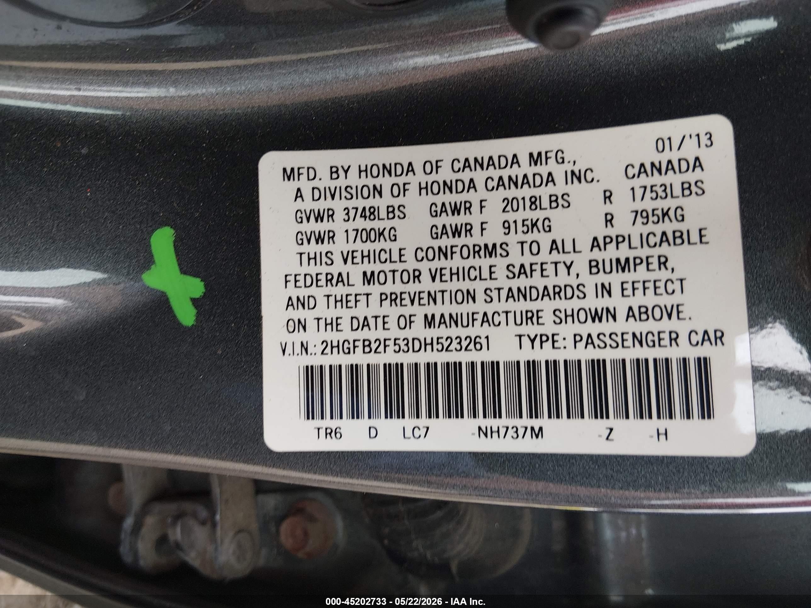 2013 Honda Civic Lx Gray vin: 2HGFB2F53DH523261