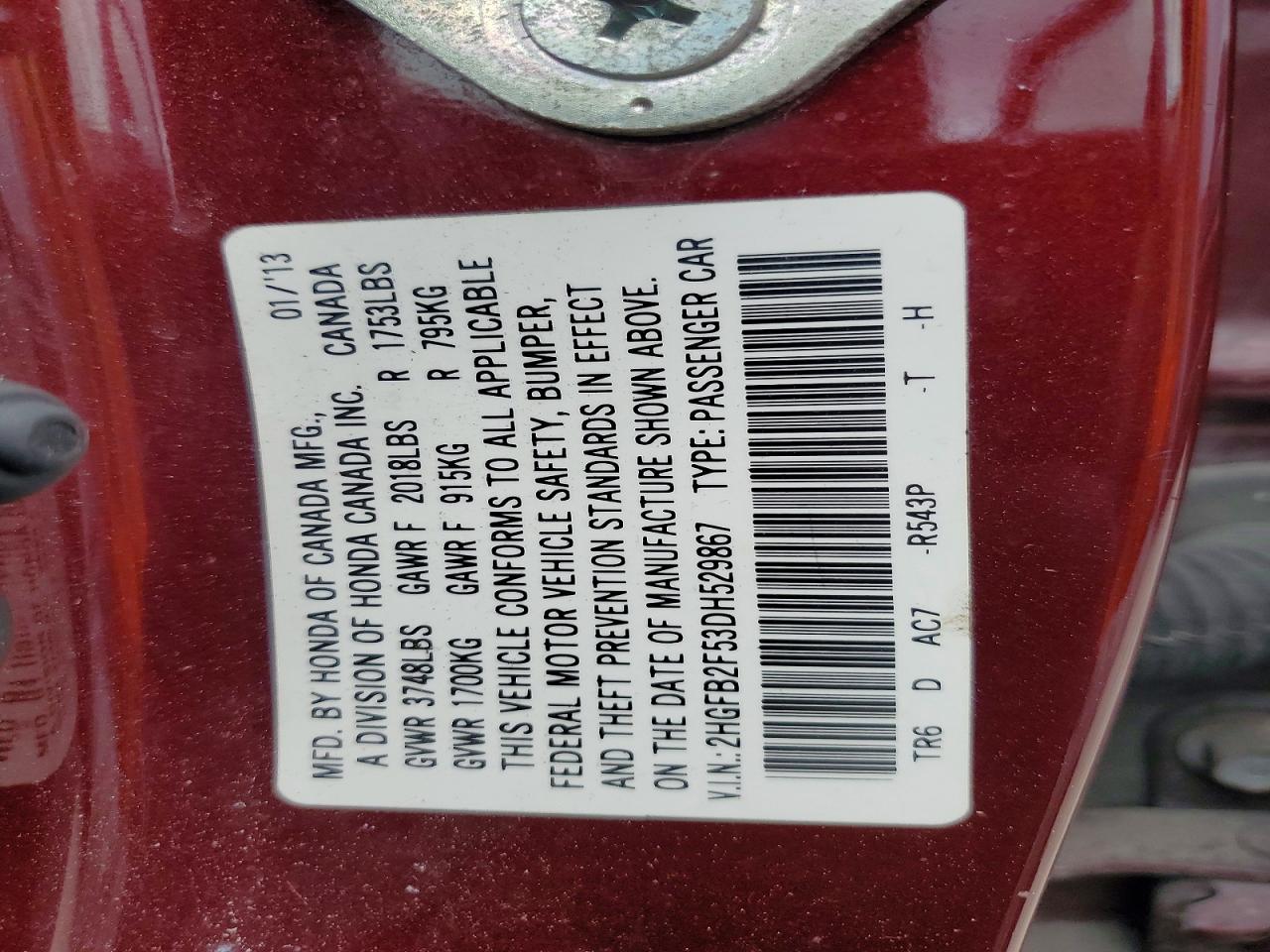 2013 Honda Civic Lx Maroon vin: 2HGFB2F53DH529867