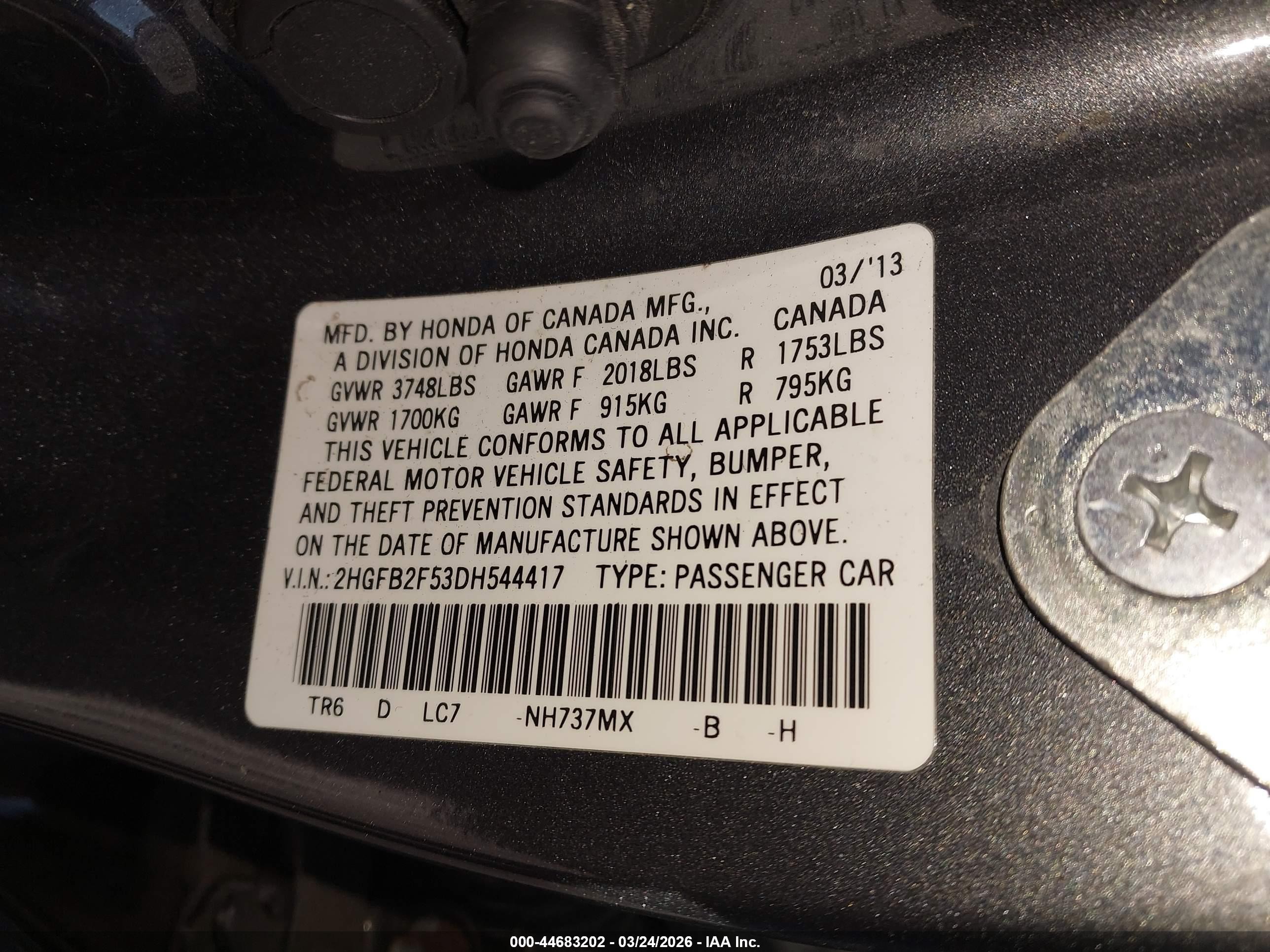2013 Honda Civic Lx Gray vin: 2HGFB2F53DH544417