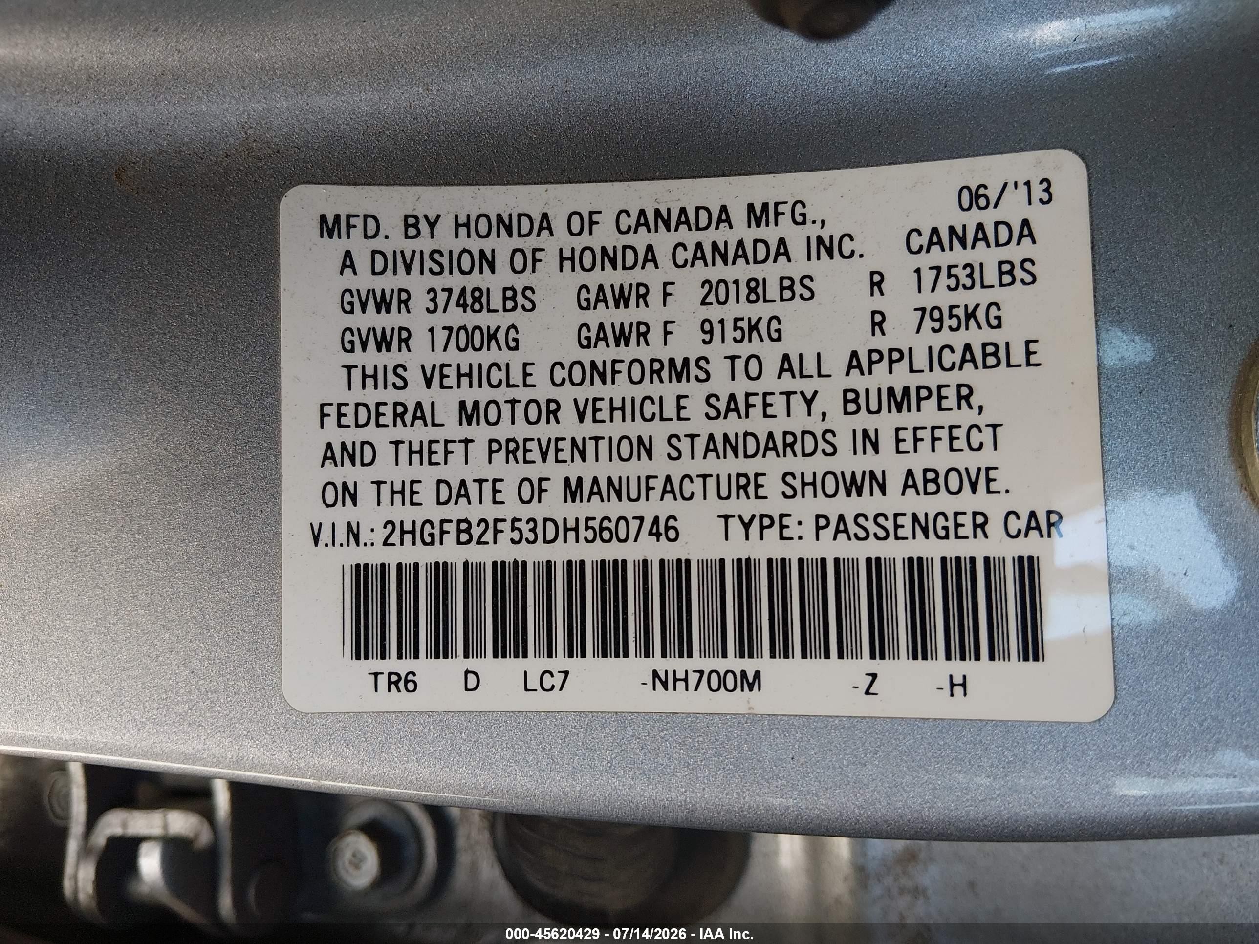 2013 Honda Civic Lx Gray vin: 2HGFB2F53DH560746
