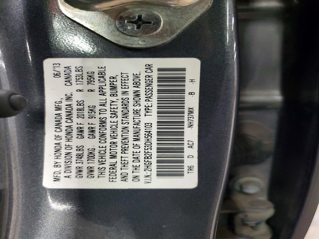 2013 Honda Civic Lx Gray vin: 2HGFB2F53DH564103