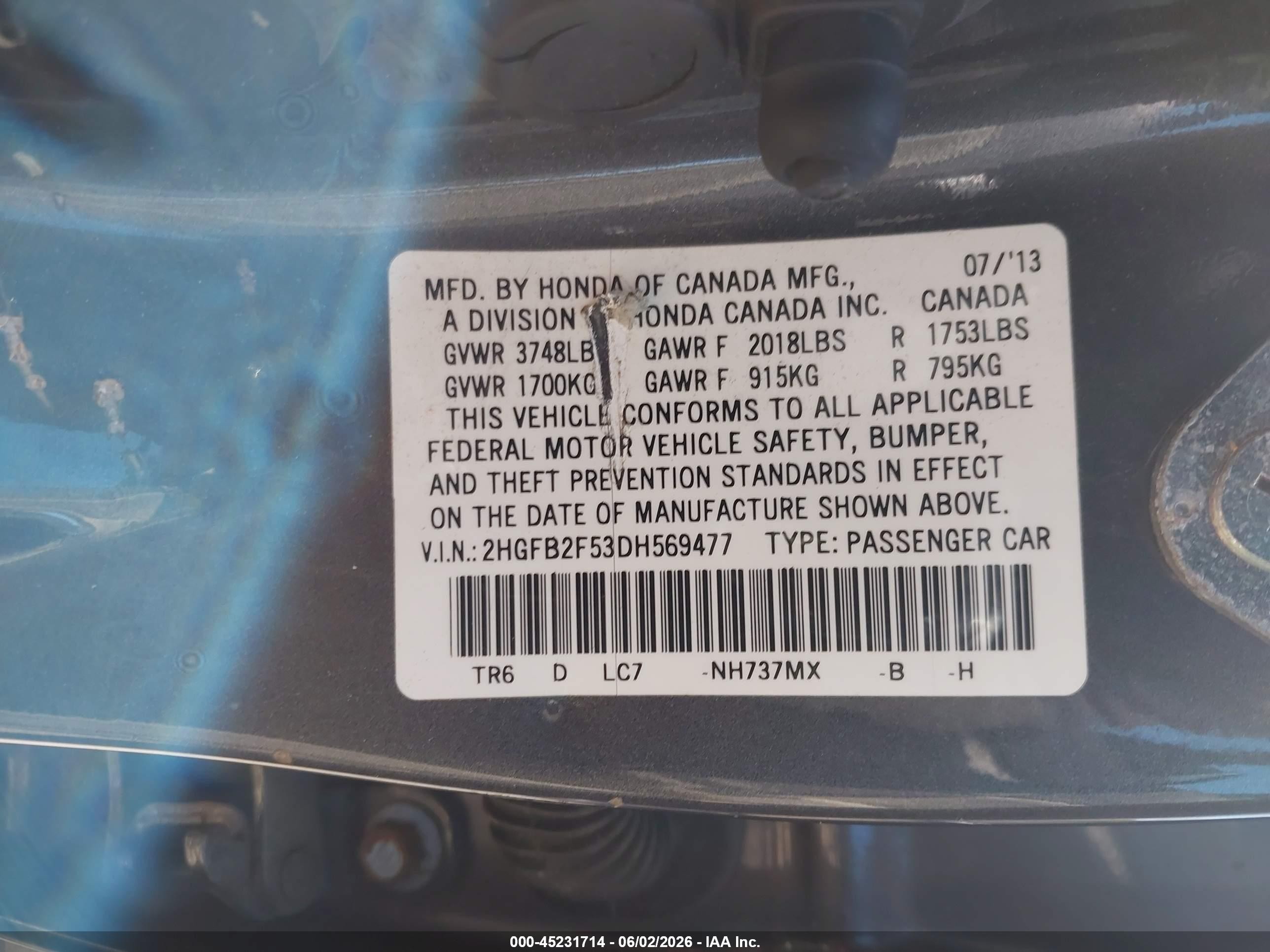 2013 Honda Civic Lx Gray vin: 2HGFB2F53DH569477