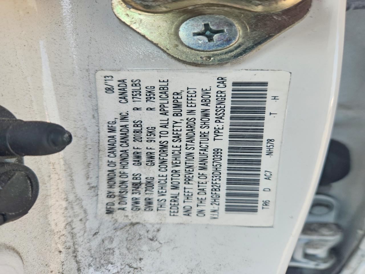 2013 Honda Civic Lx White vin: 2HGFB2F53DH570399