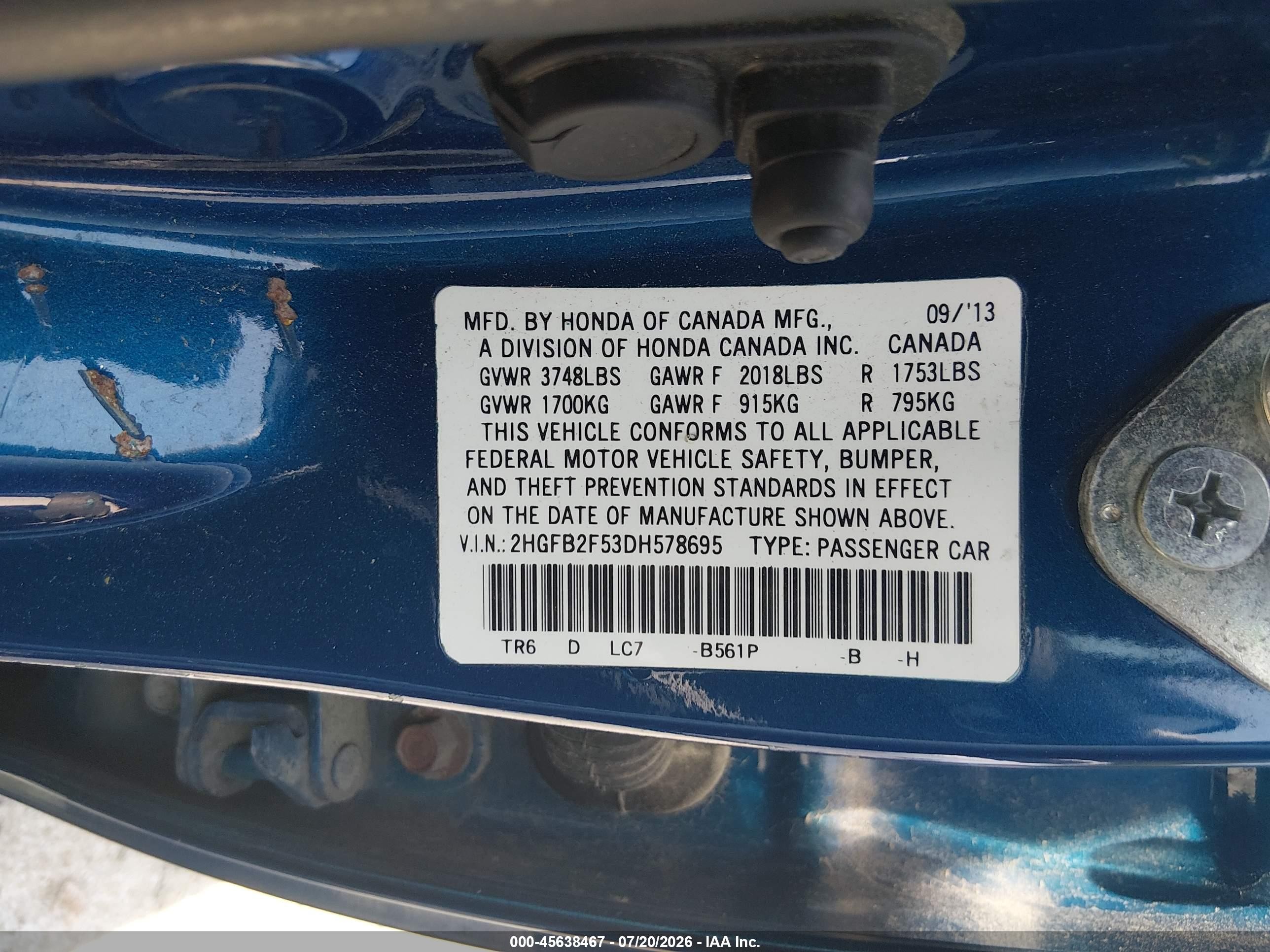 2013 Honda Civic Lx Blue vin: 2HGFB2F53DH578695