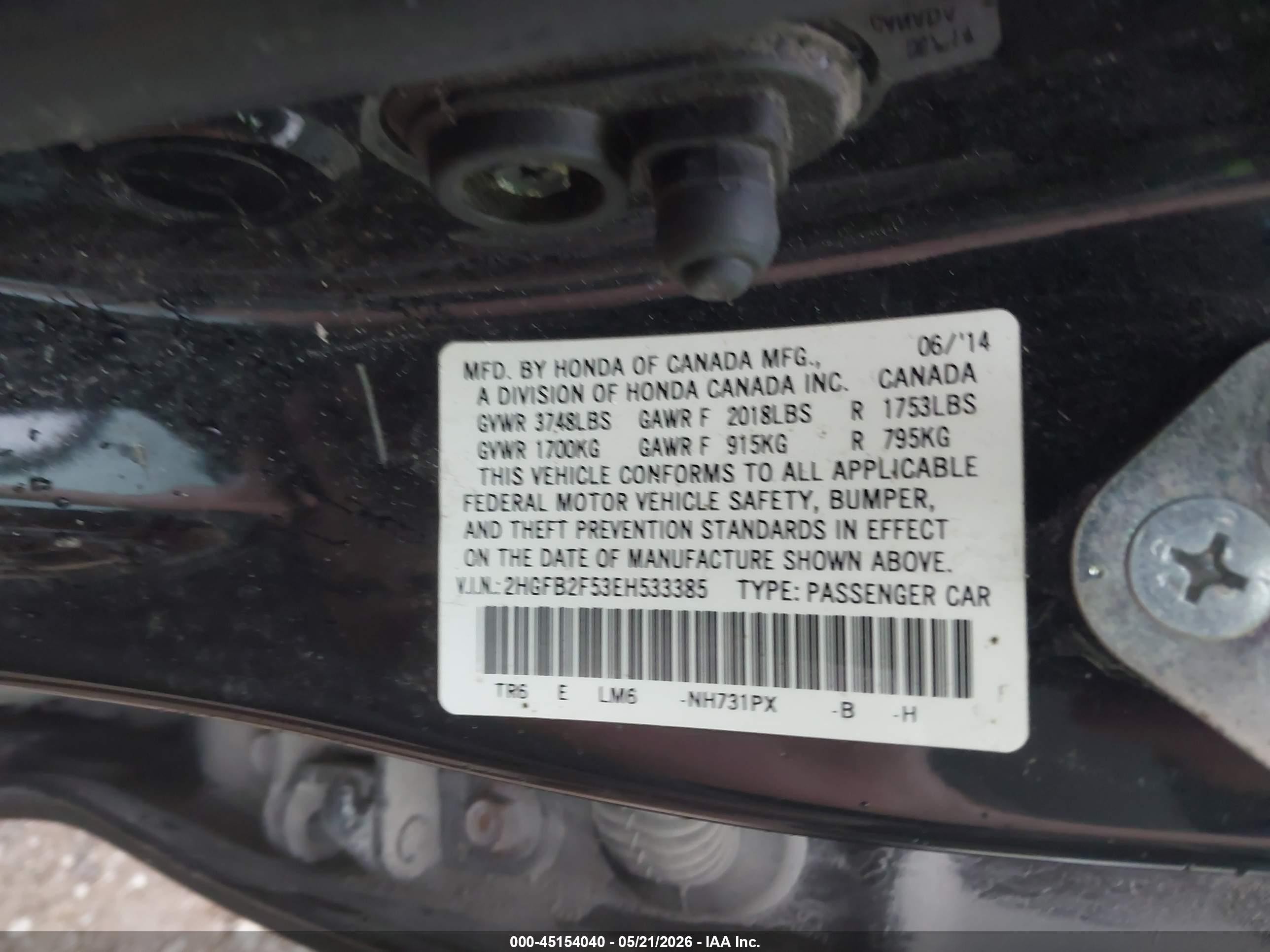 2014 Honda Civic Lx Black vin: 2HGFB2F53EH533385