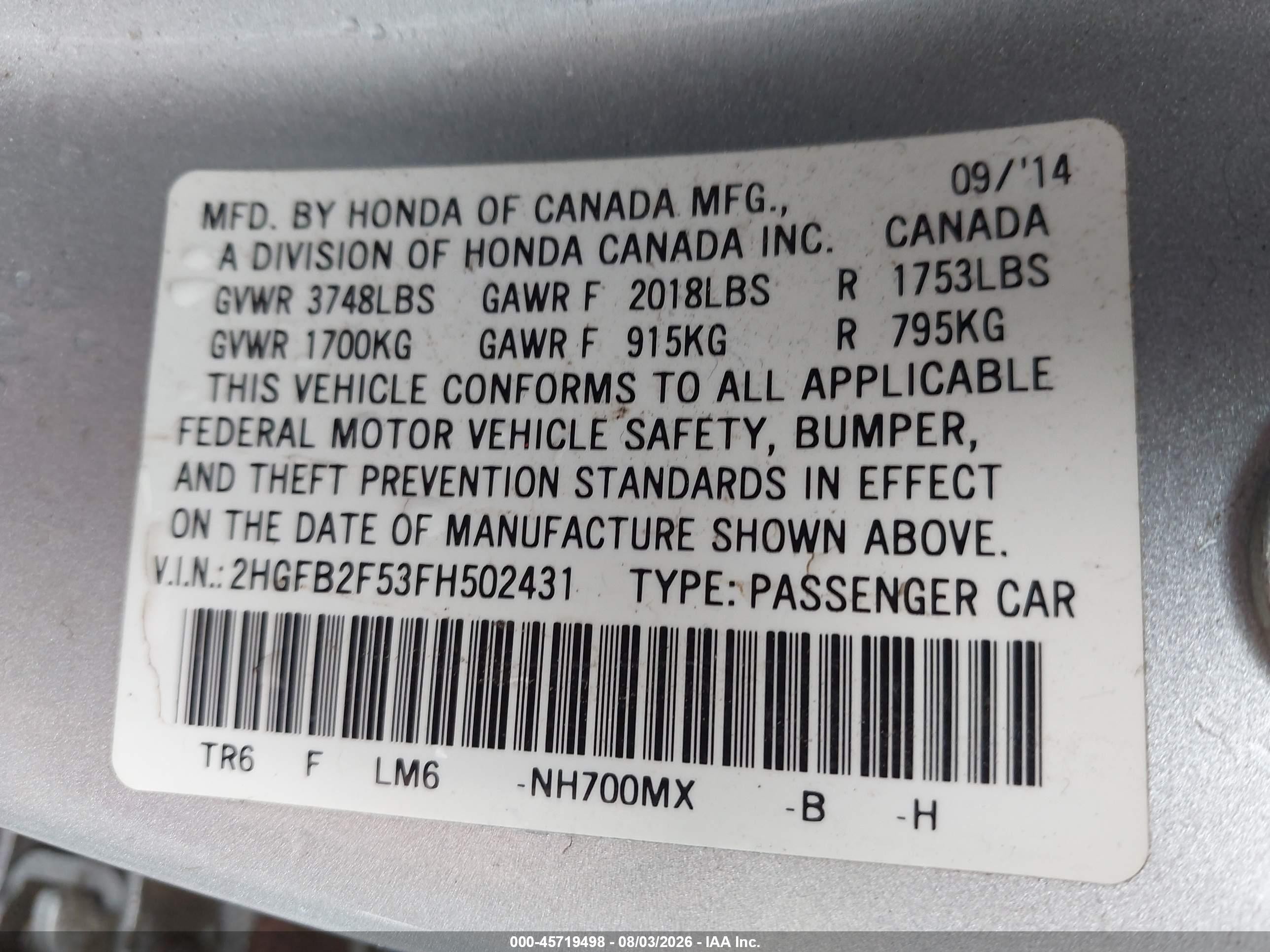 2015 Honda Civic Lx Silver vin: 2HGFB2F53FH502431