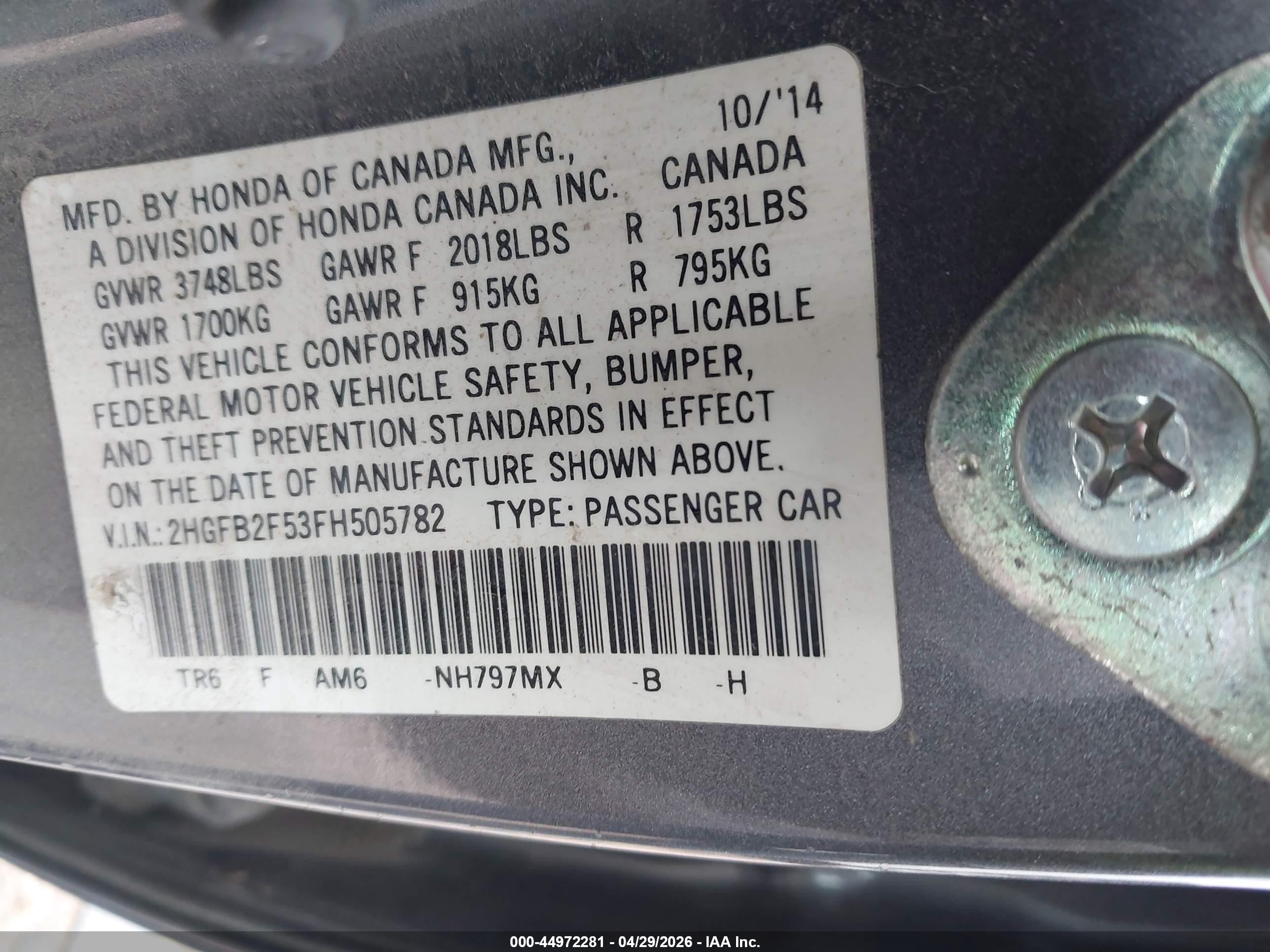 2015 Honda Civic Lx Серый vin: 2HGFB2F53FH505782