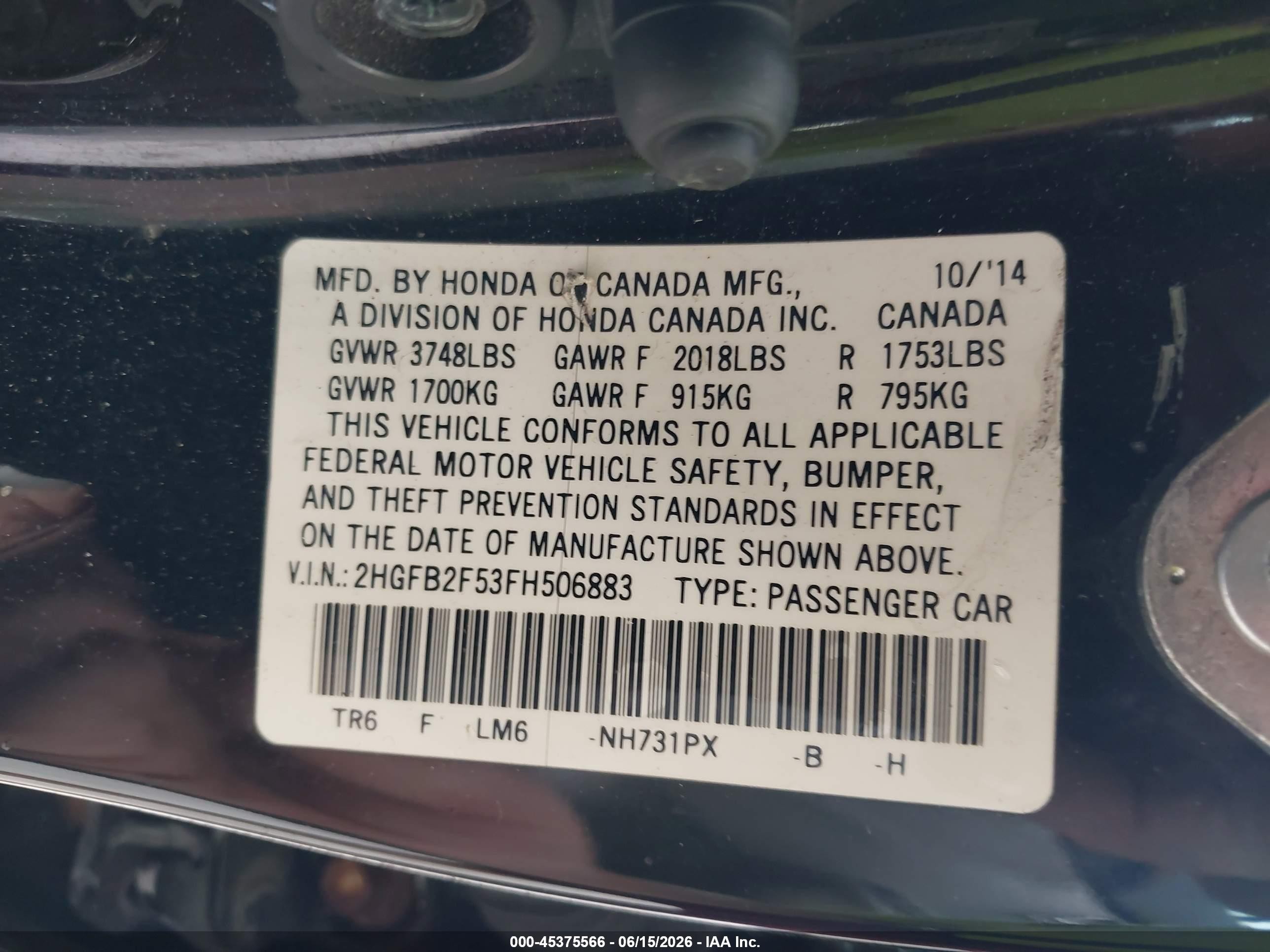 2015 Honda Civic Lx Black vin: 2HGFB2F53FH506883