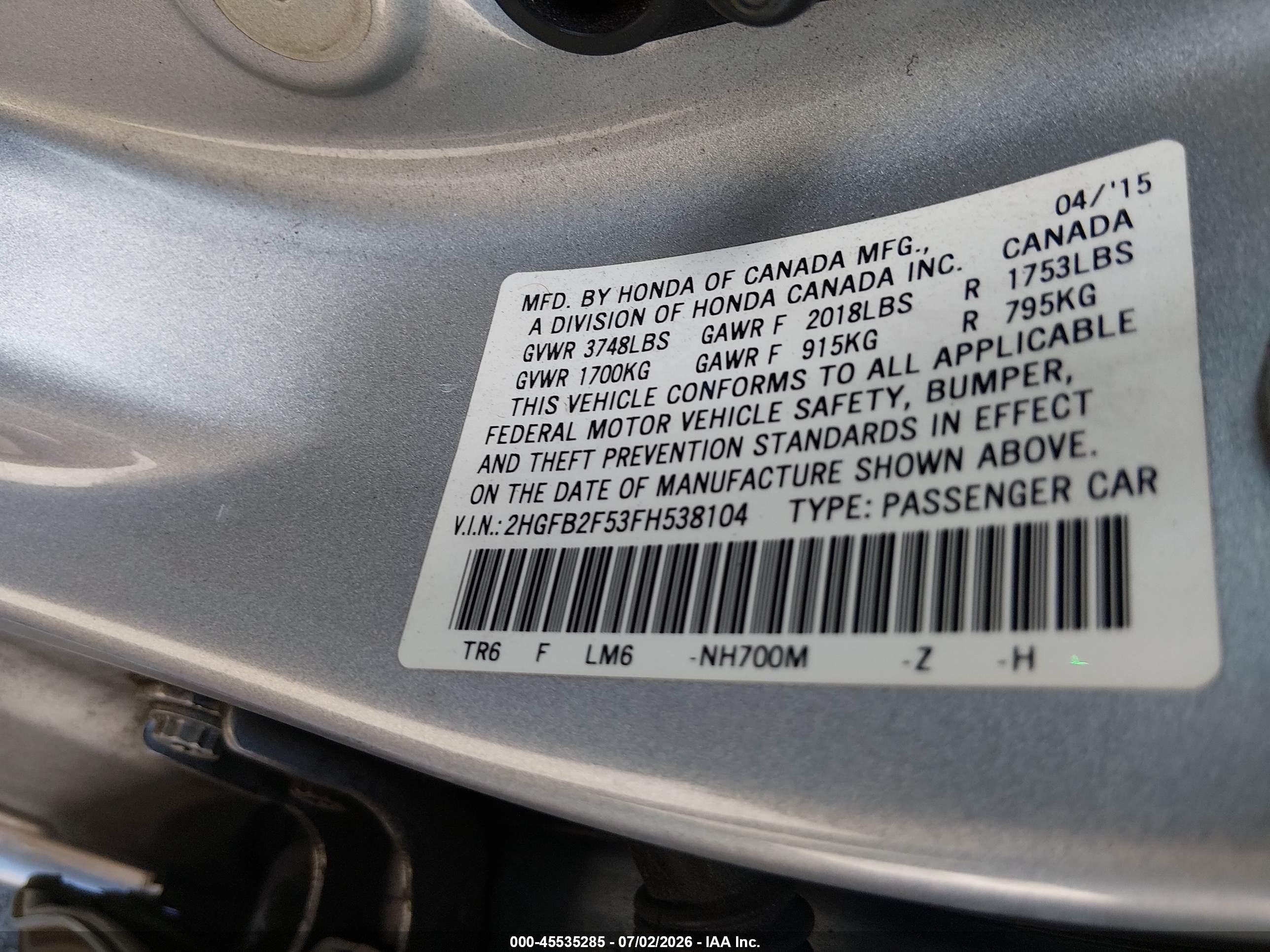 2015 Honda Civic Lx Серебряный vin: 2HGFB2F53FH538104