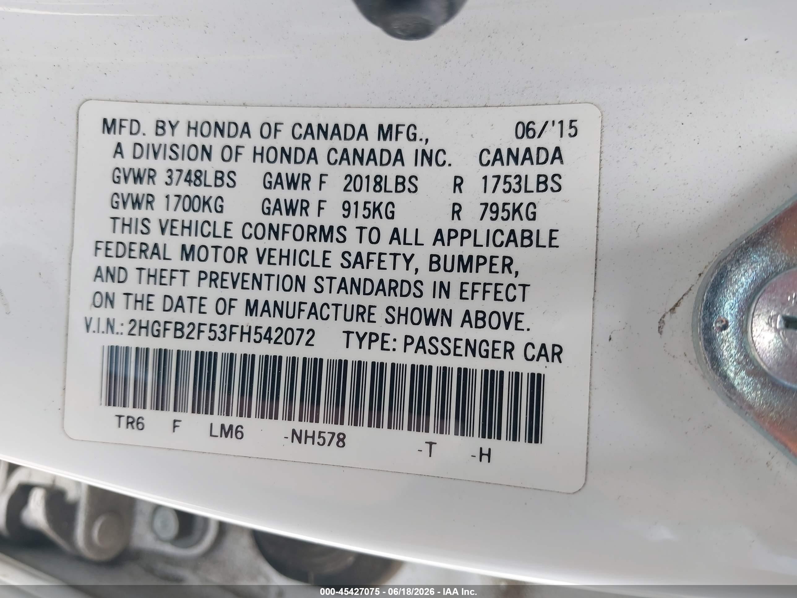 2015 Honda Civic Lx White vin: 2HGFB2F53FH542072