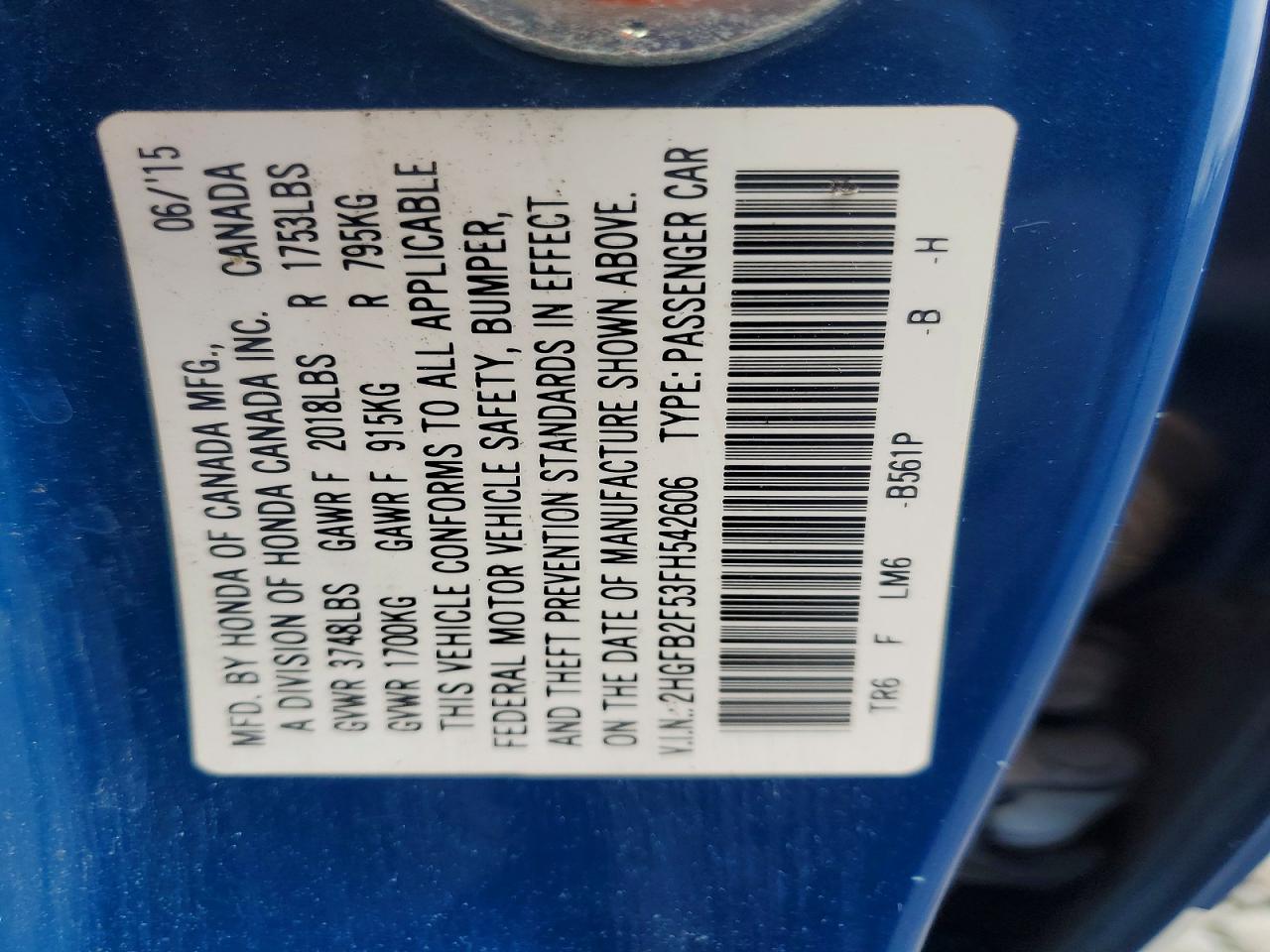2015 Honda Civic Lx Blue vin: 2HGFB2F53FH542606