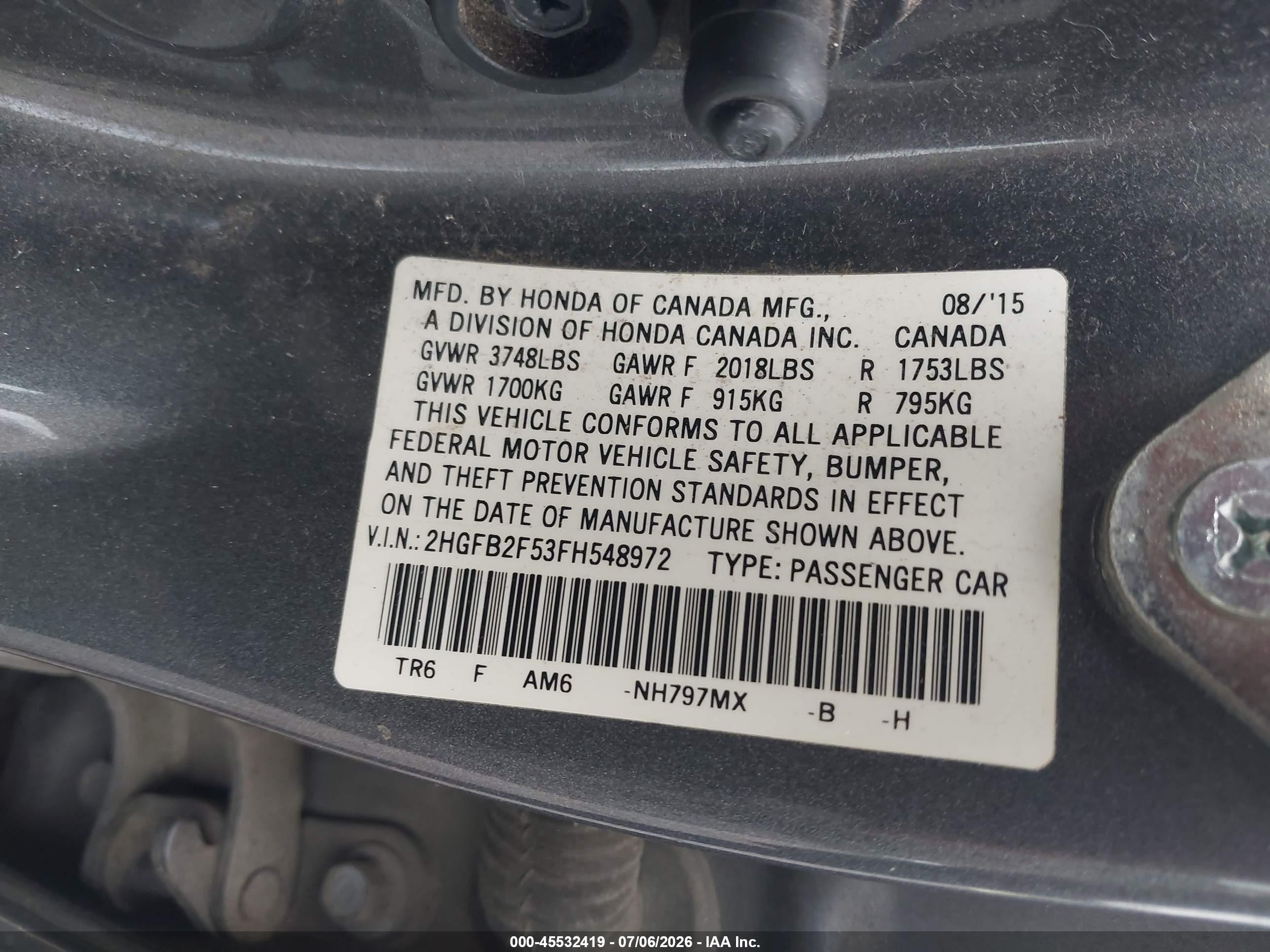 2015 Honda Civic Lx Gray vin: 2HGFB2F53FH548972