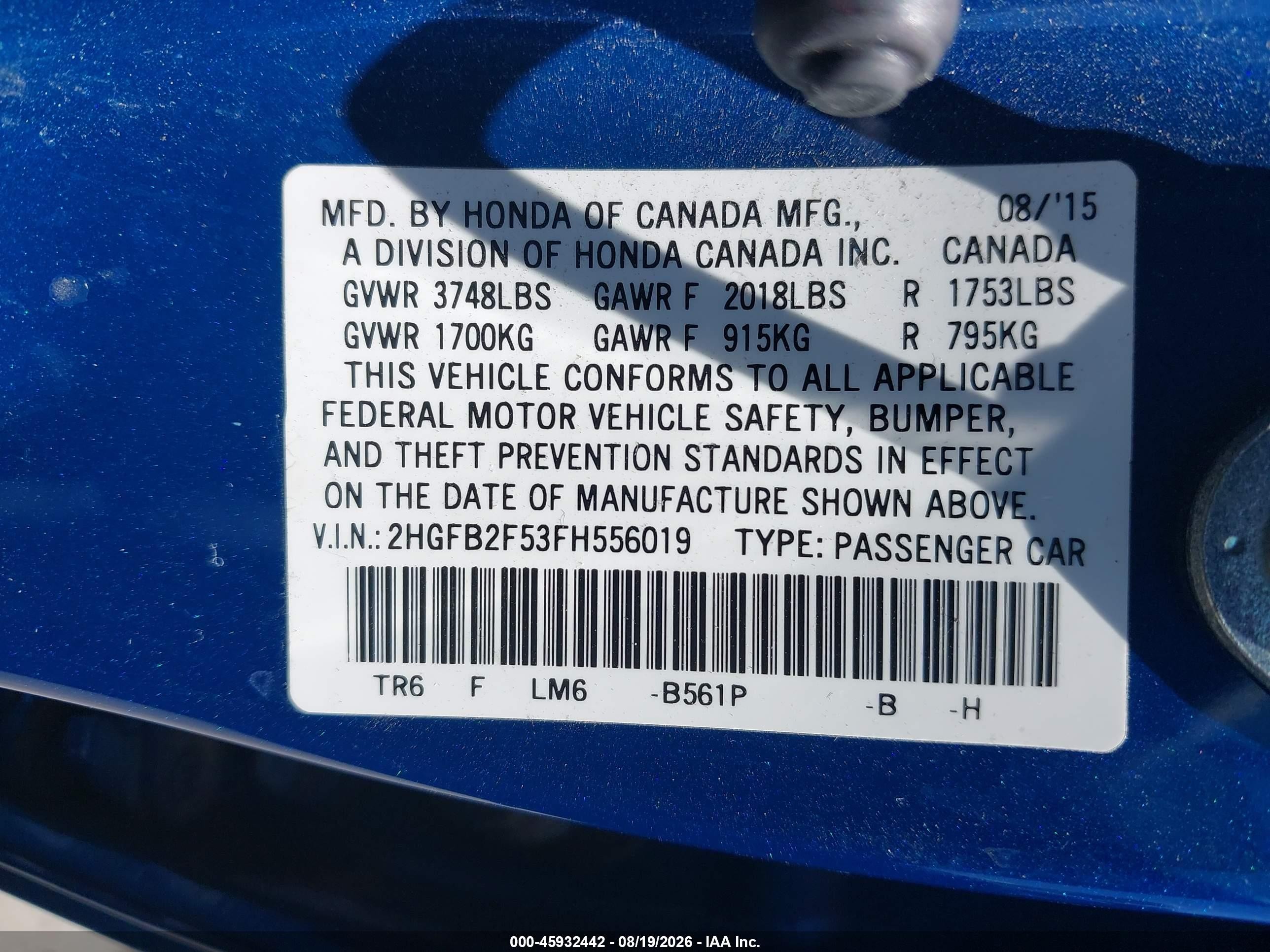 2015 Honda Civic Lx Blue vin: 2HGFB2F53FH556019