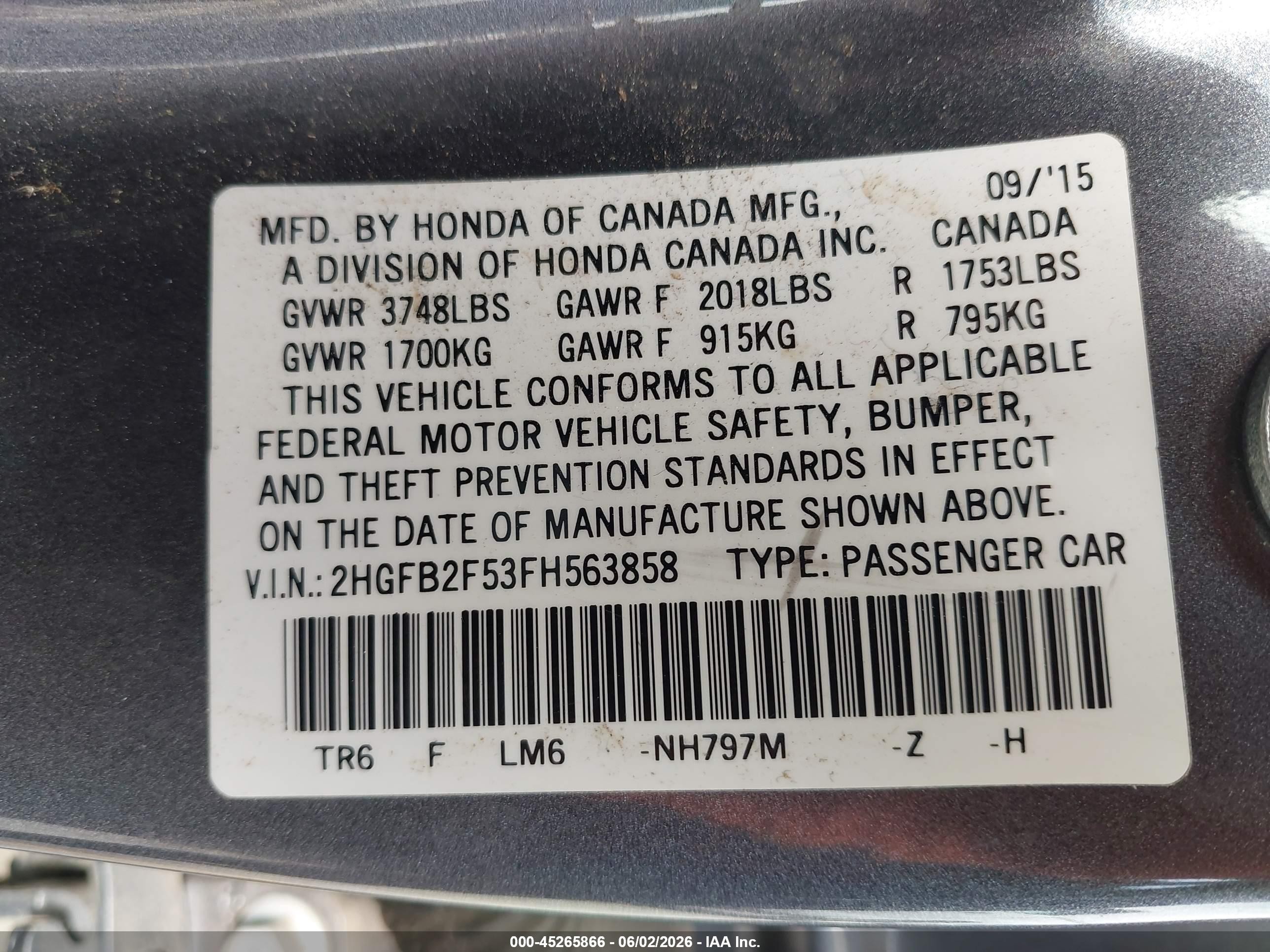 2015 Honda Civic Lx Gray vin: 2HGFB2F53FH563858