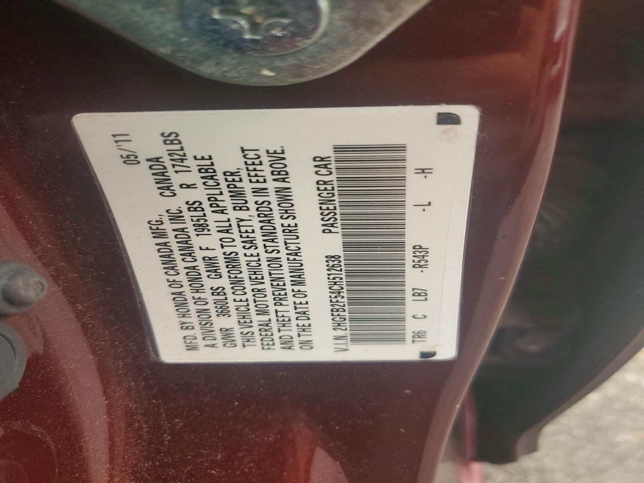 2012 Honda Civic Lx Burgundy vin: 2HGFB2F54CH512638