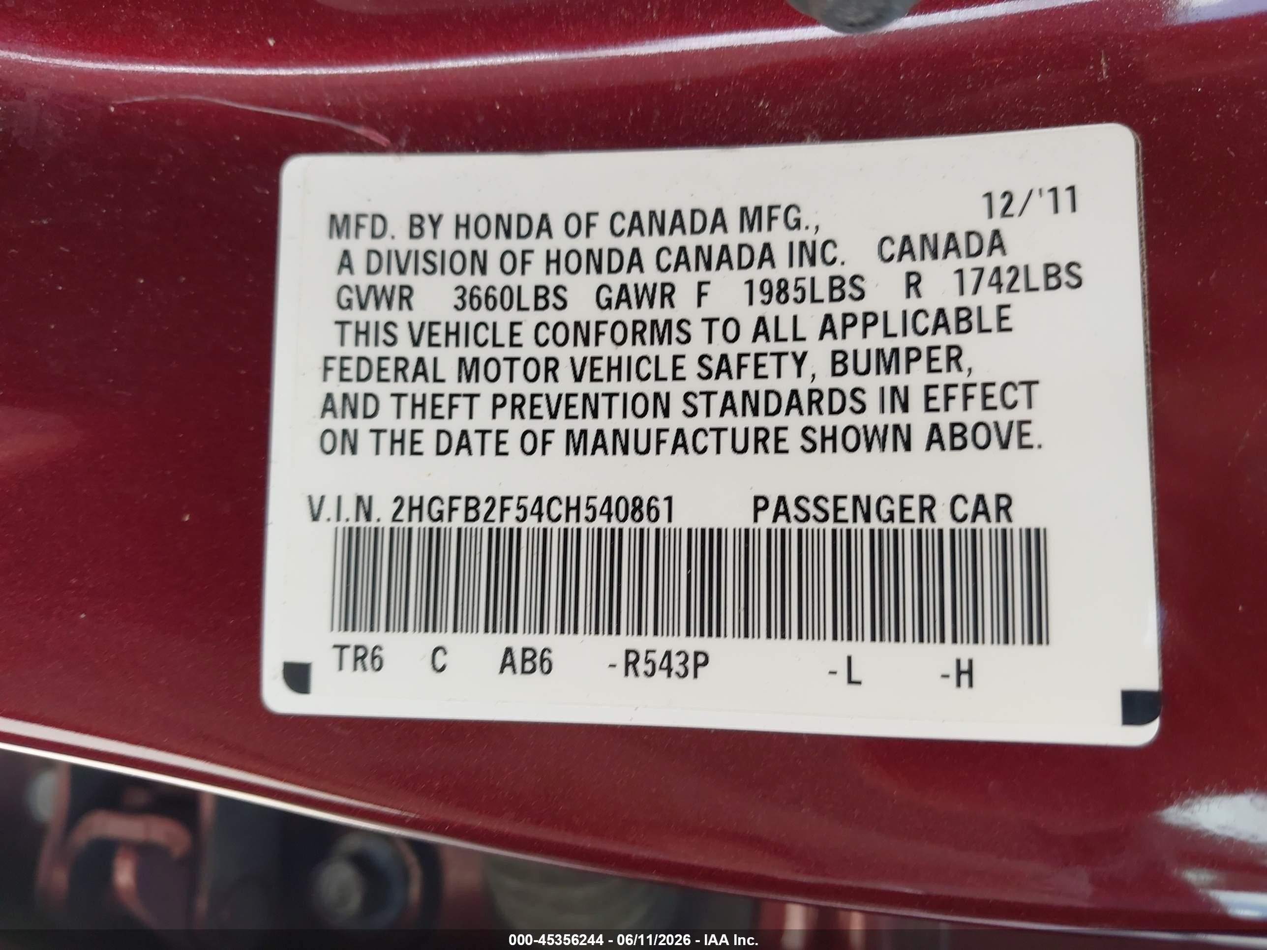 2012 Honda Civic Lx Maroon vin: 2HGFB2F54CH540861