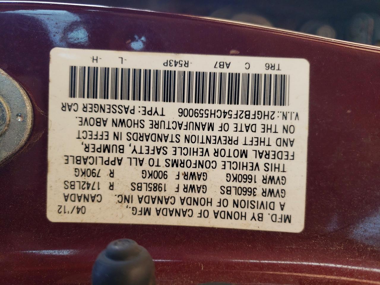 2012 Honda Civic Lx Burgundy vin: 2HGFB2F54CH559006