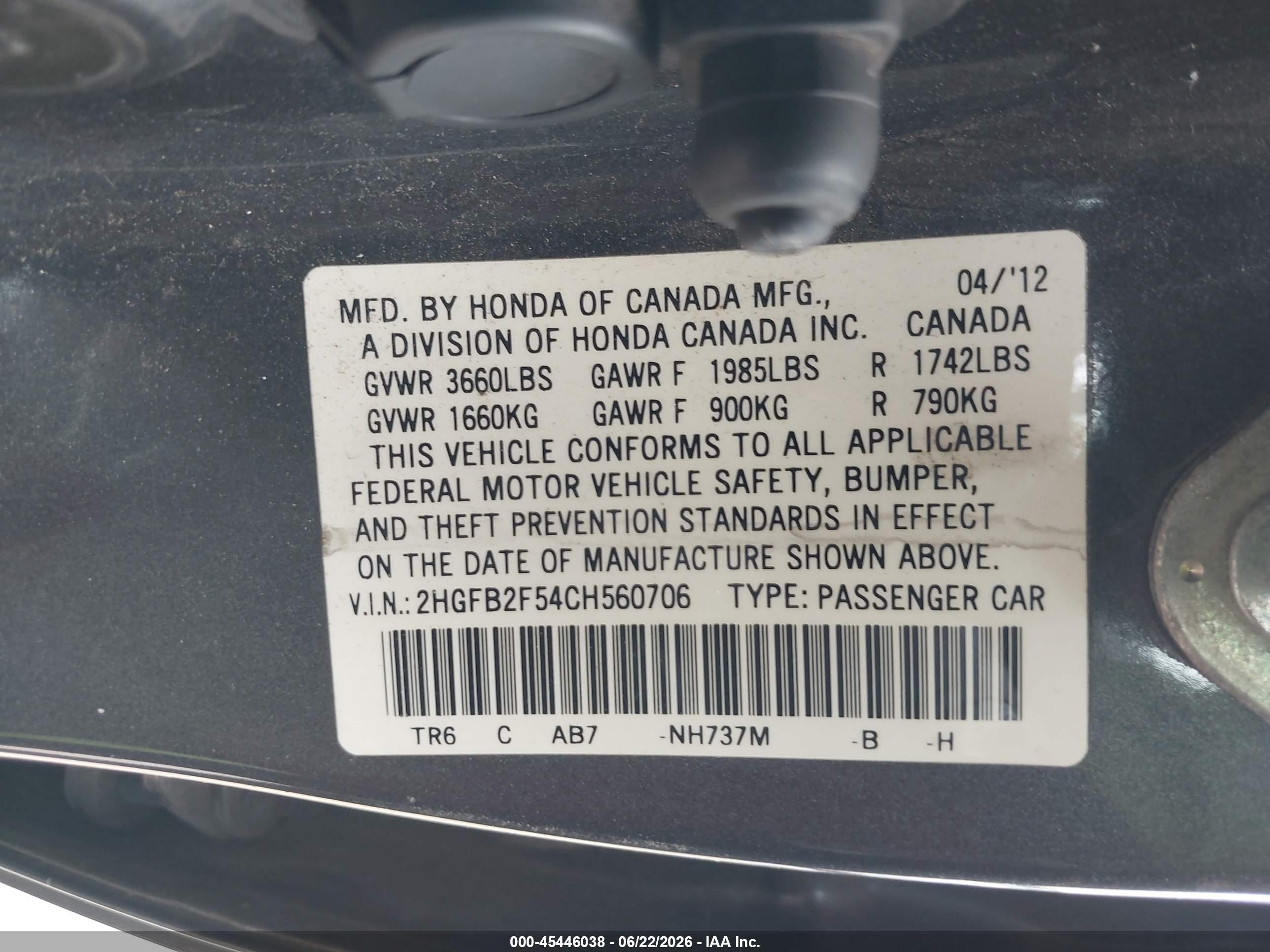 2012 Honda Civic Lx Gray vin: 2HGFB2F54CH560706