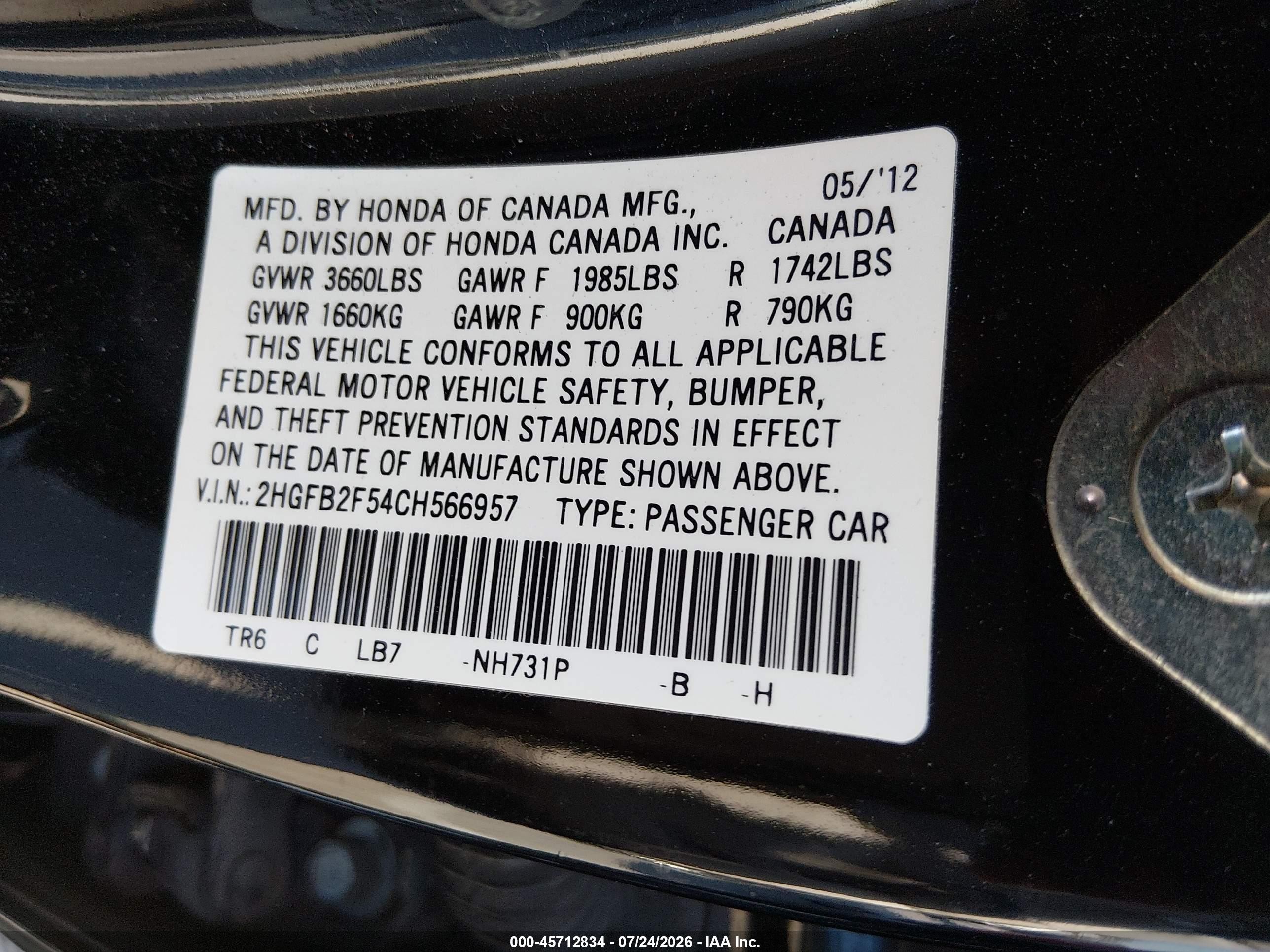 2012 Honda Civic Lx Black vin: 2HGFB2F54CH566957